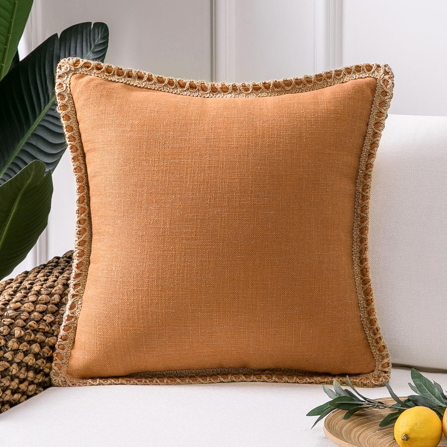 Phantoscope Pack of 2 Farmhouse Decorative Solid Pillow Cover Burlap Linen Trimmed Tailored Edges, Black, 24 x 24 inches, 60 x 60 cm