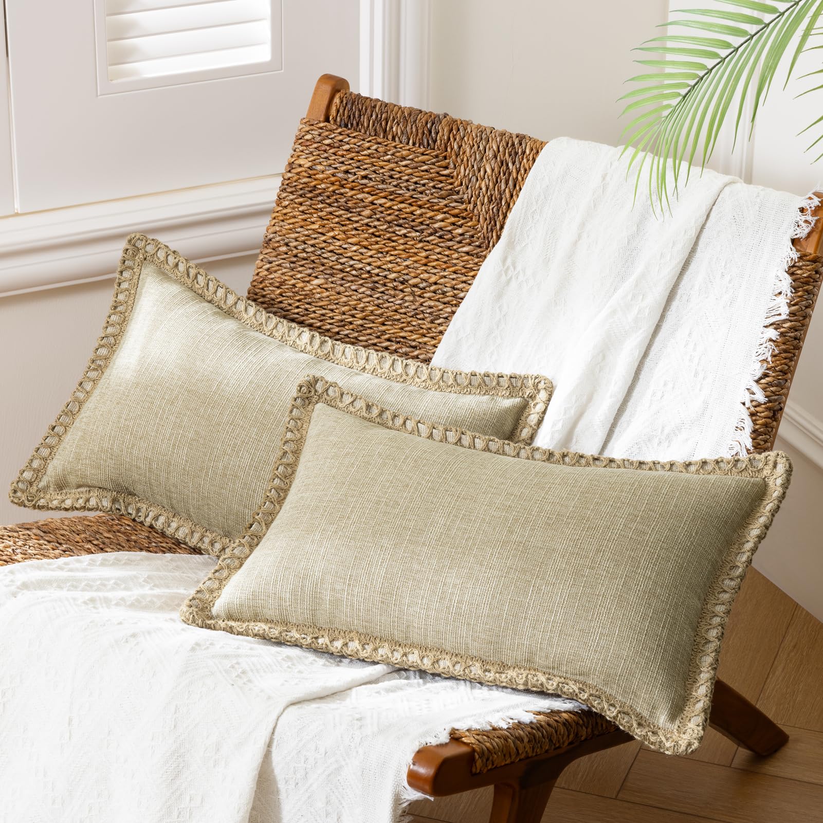 Phantoscope Pack of 2 Farmhouse Decorative Solid Pillow Cover Burlap Linen Trimmed Tailored Edges, Black, 24 x 24 inches, 60 x 60 cm