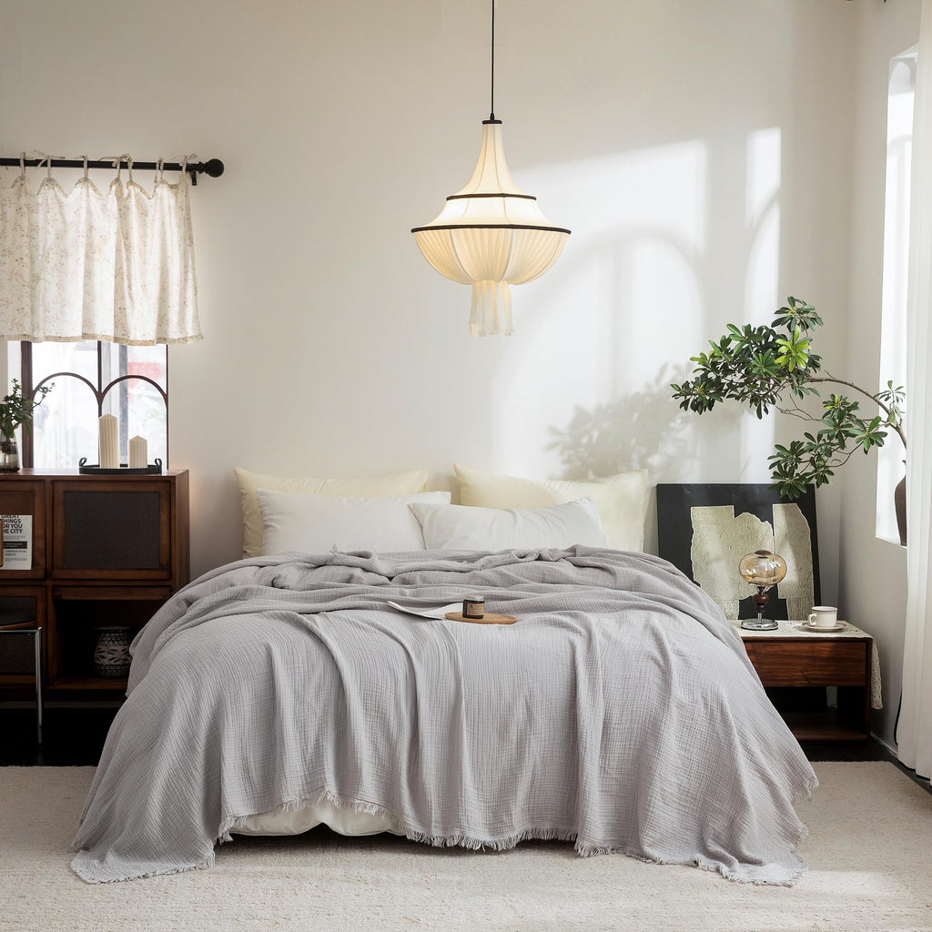 Beige Gray Fringe Cotton Muslin Blanket