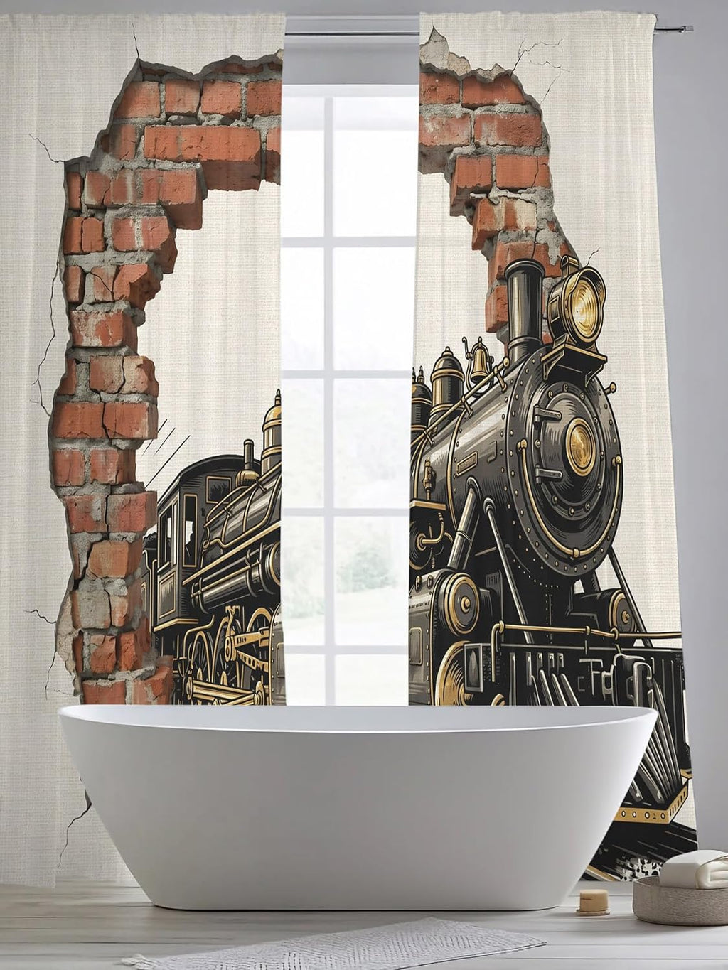 Vintage Steam Train Semi Sheer Curtains 96 inch length 2 panels set Cracked Brick Wall Rustic Industrial Kitchen Curtains Rod Pocket Sheer Drapes for Bedroom Living Room, Voile Window Treatment