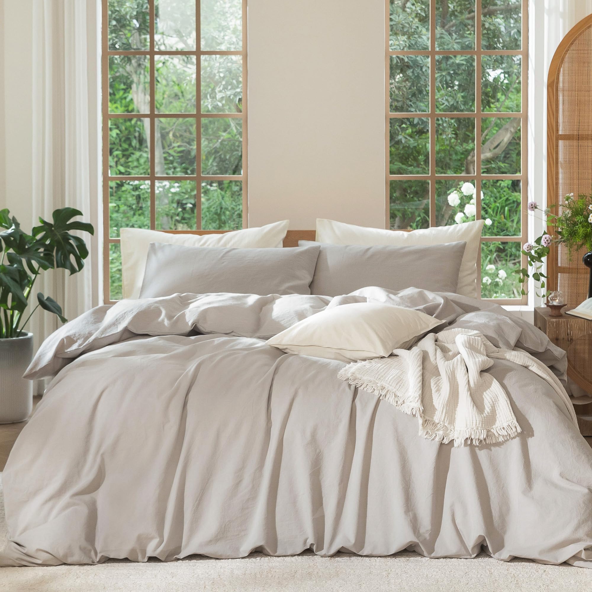 MooMee Bedding Duvet Cover Set 100% Washed Cotton Linen Like Textured Breathable Durable Soft Comfy (Solid Off White, Palatial King/Oversized King 120"x98")