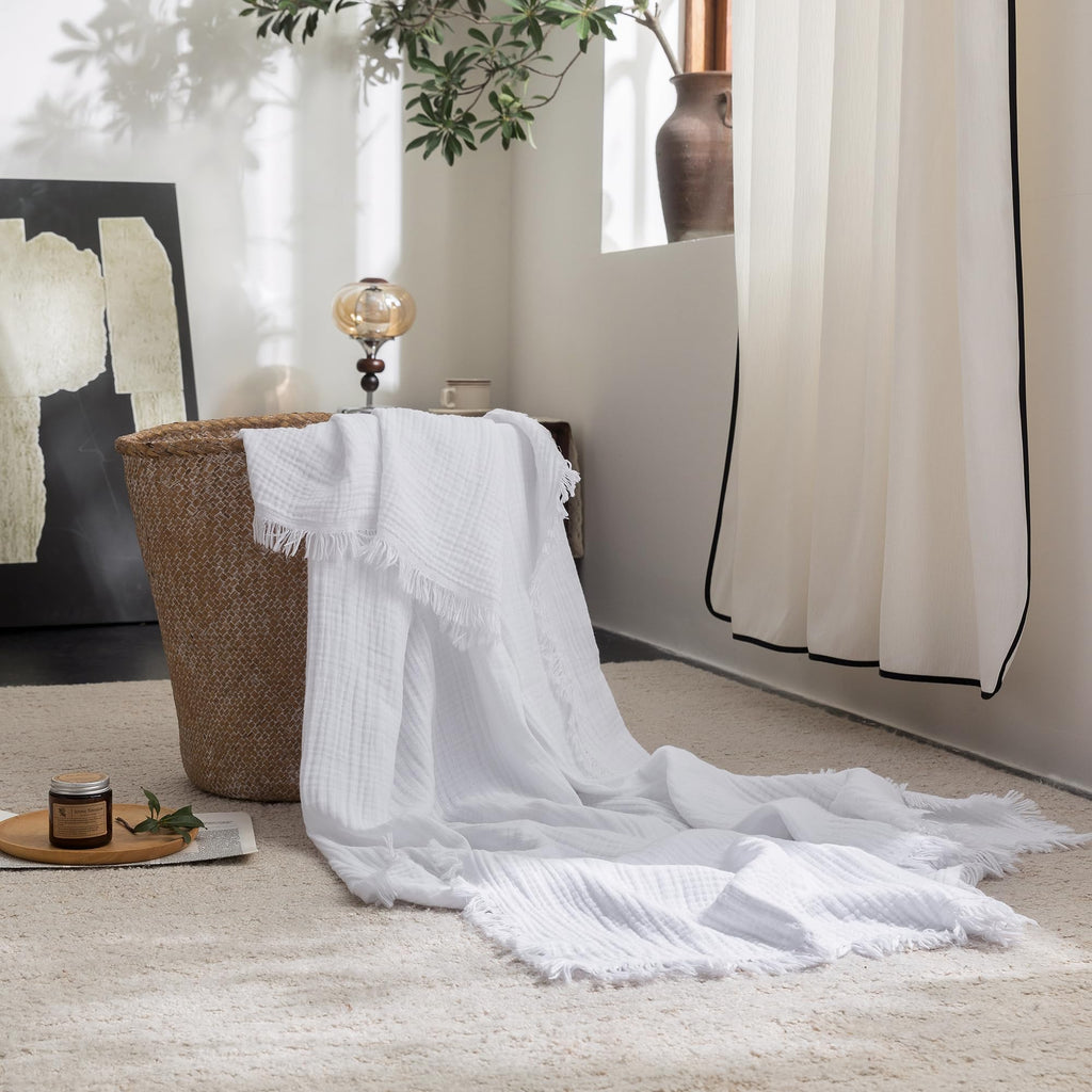 Beige Gray Fringe Cotton Muslin Blanket