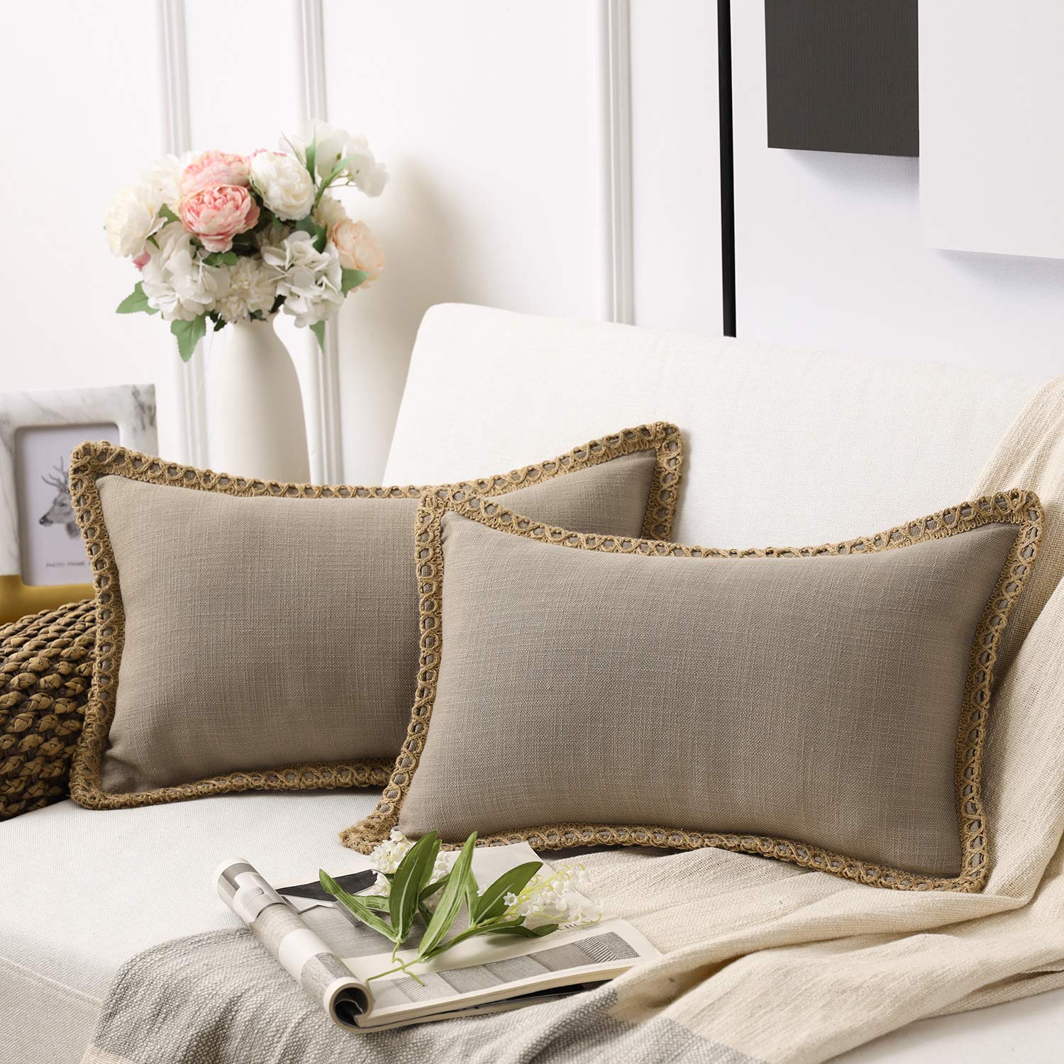 Phantoscope Pack of 2 Farmhouse Decorative Solid Pillow Cover Burlap Linen Trimmed Tailored Edges, Black, 24 x 24 inches, 60 x 60 cm