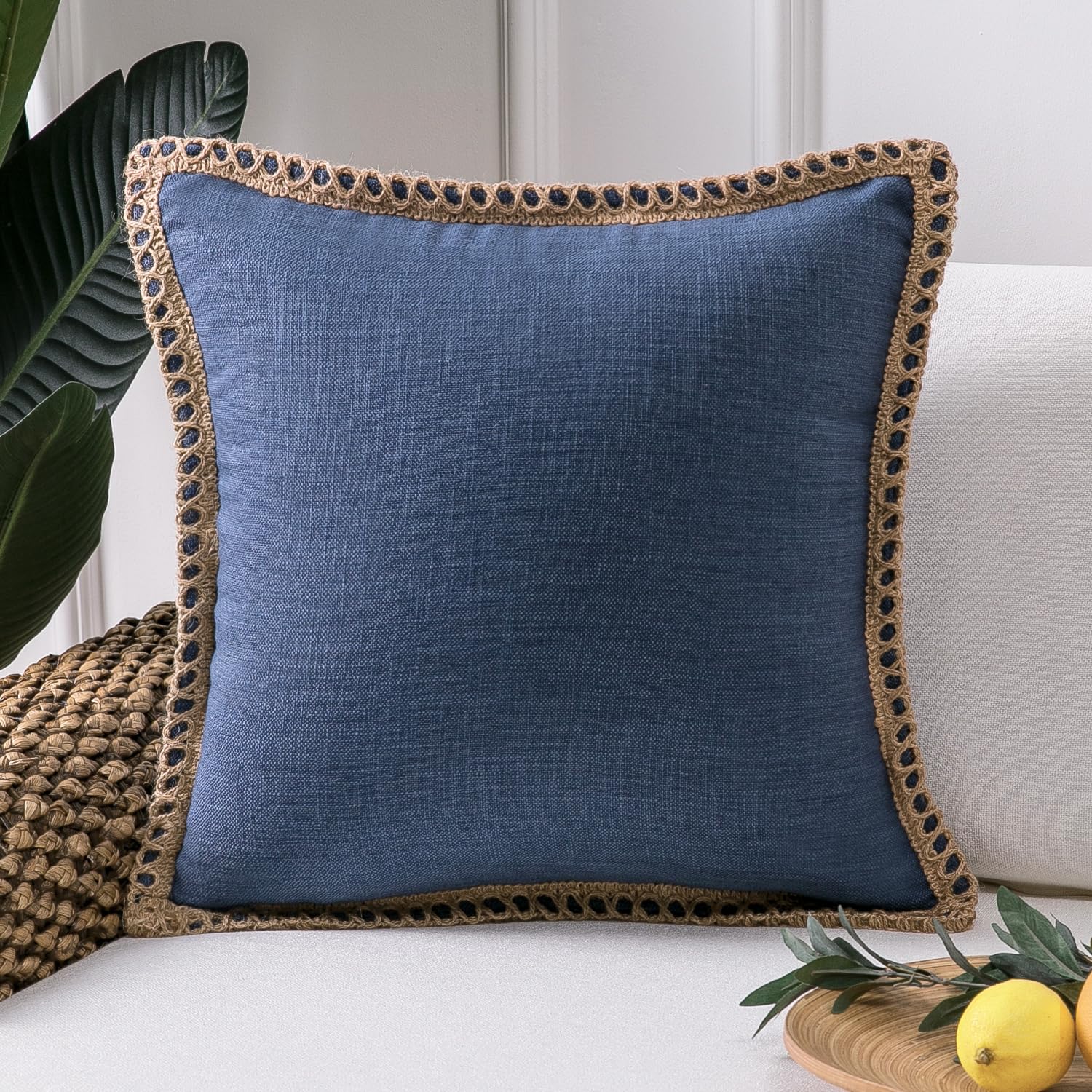 Phantoscope Pack of 2 Farmhouse Decorative Solid Pillow Cover Burlap Linen Trimmed Tailored Edges, Black, 24 x 24 inches, 60 x 60 cm