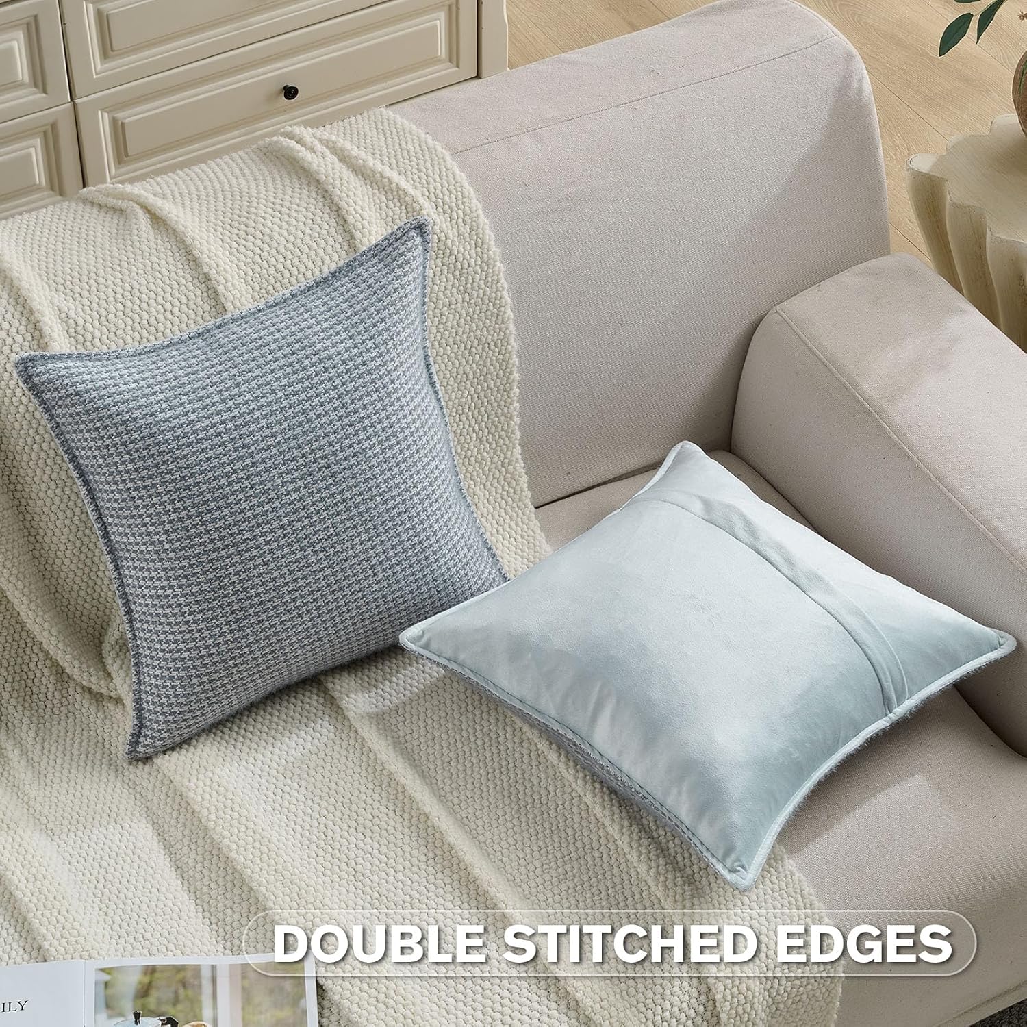 FUTEI Pack of 2 Houndstooth Throw Pillow Covers 26x26 Inch Soft Chenille Gingham Textured Farmhouse Decorative Euro Pillow Shams Modern Home Decor for Couch Bedroom Living Room, Grayish Blue