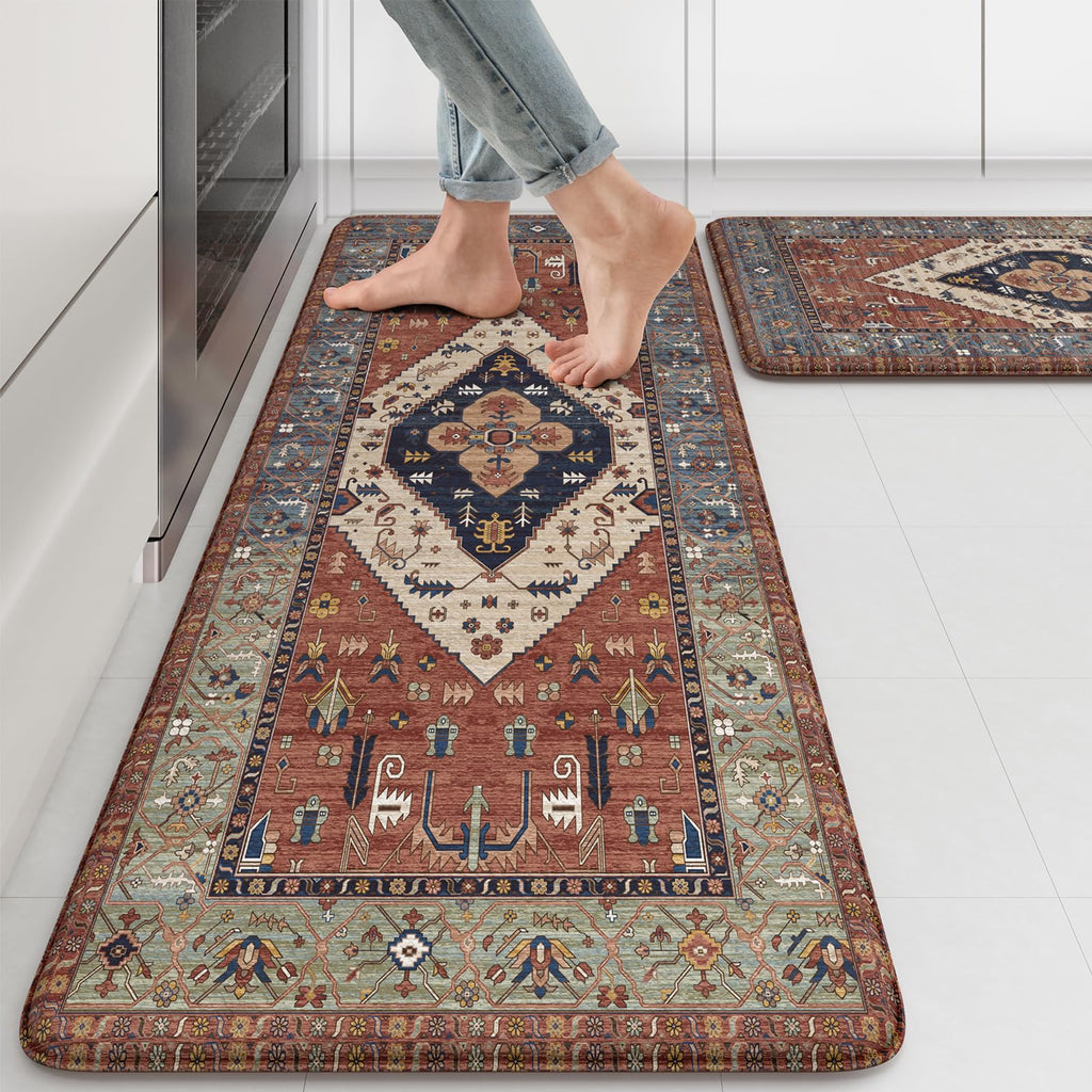 Red Floral Boho Memory Foam Kitchen Runner Rug