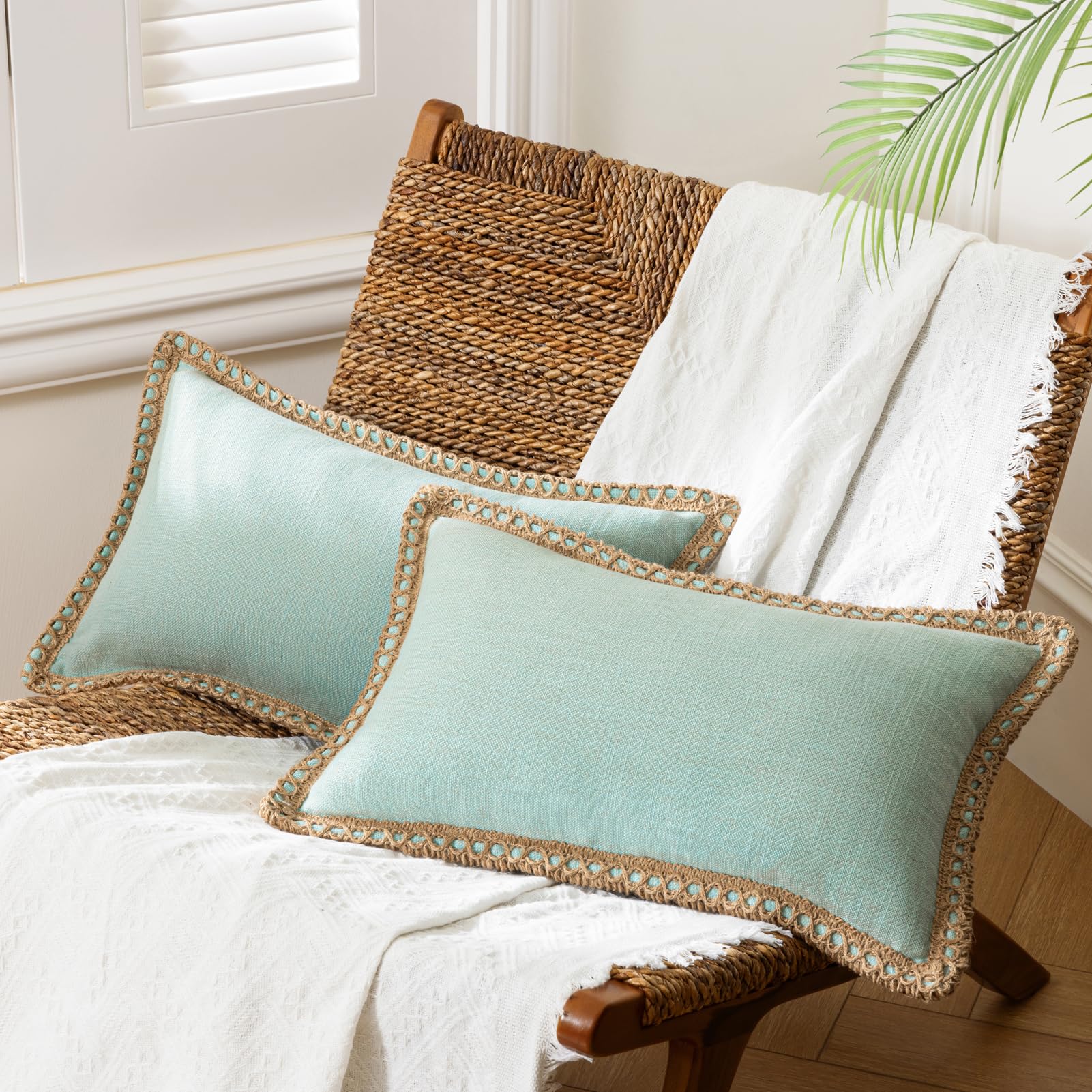 Phantoscope Pack of 2 Farmhouse Decorative Solid Pillow Cover Burlap Linen Trimmed Tailored Edges, Black, 24 x 24 inches, 60 x 60 cm