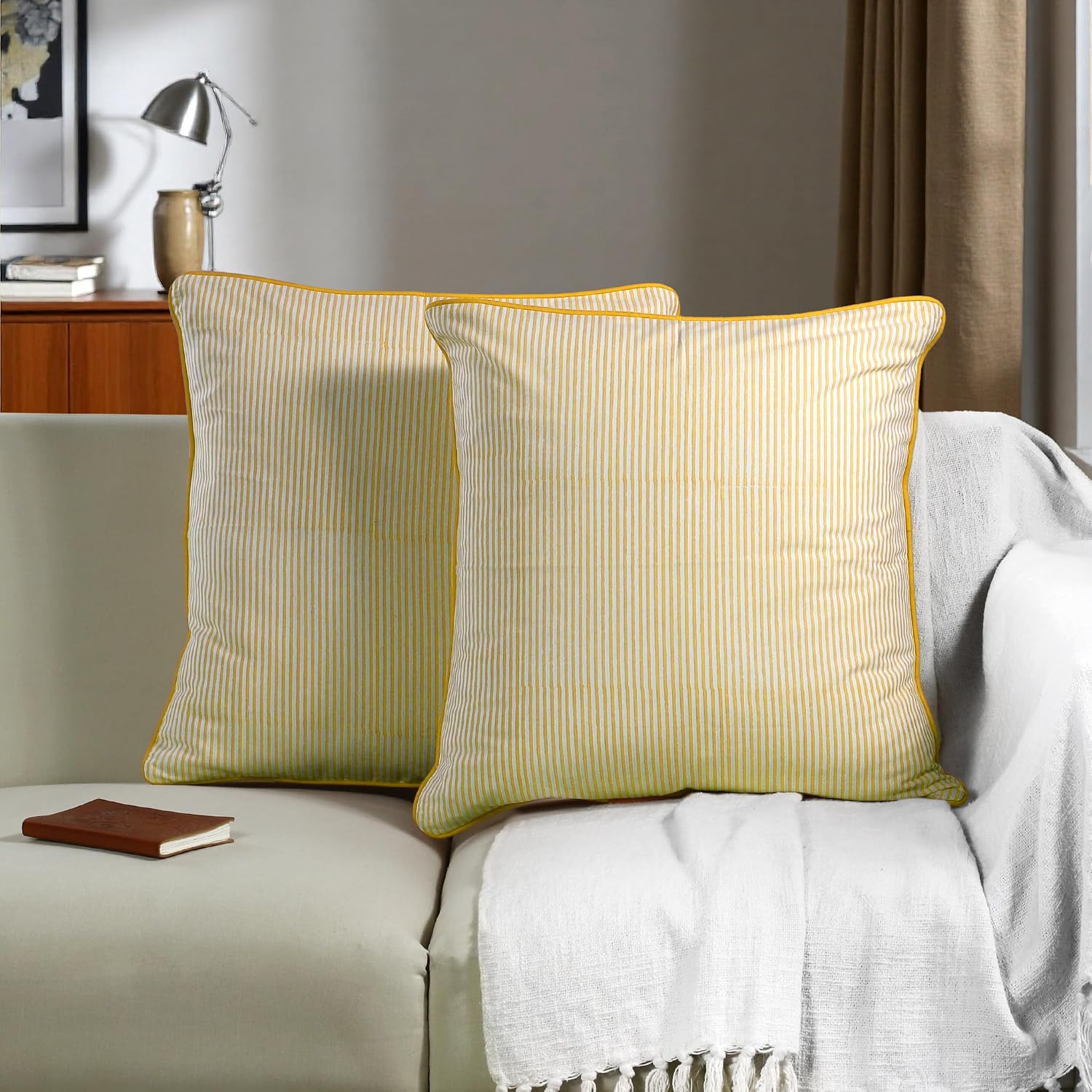 Yellow Stripe Print Pillow Covers Set