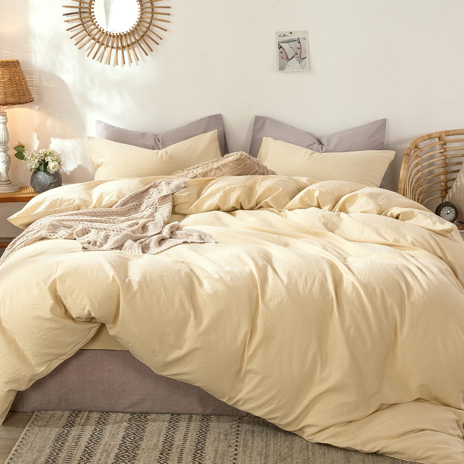 MooMee Bedding Duvet Cover Set 100% Washed Cotton Linen Like Textured Breathable Durable Soft Comfy (Solid Off White, Palatial King/Oversized King 120"x98")