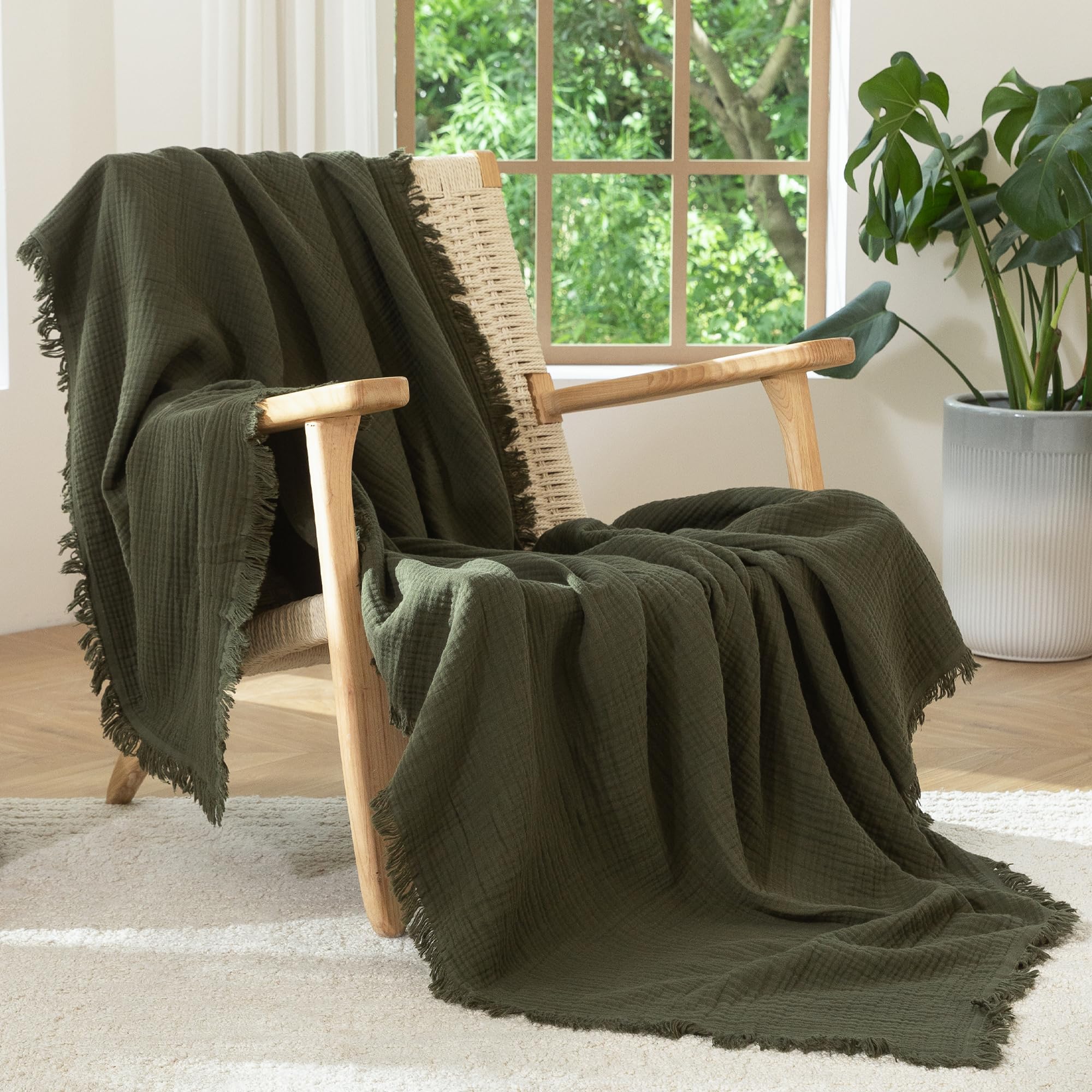 MooMee Muslin Blanket - 100% Cotton 4-Layer Gauze Throw Blanket with All-Around Fringe, Soft Breathable Lightweight Cooling Summer Blankets for Bed Couch (Cream Grey,Super King 108" x 98")