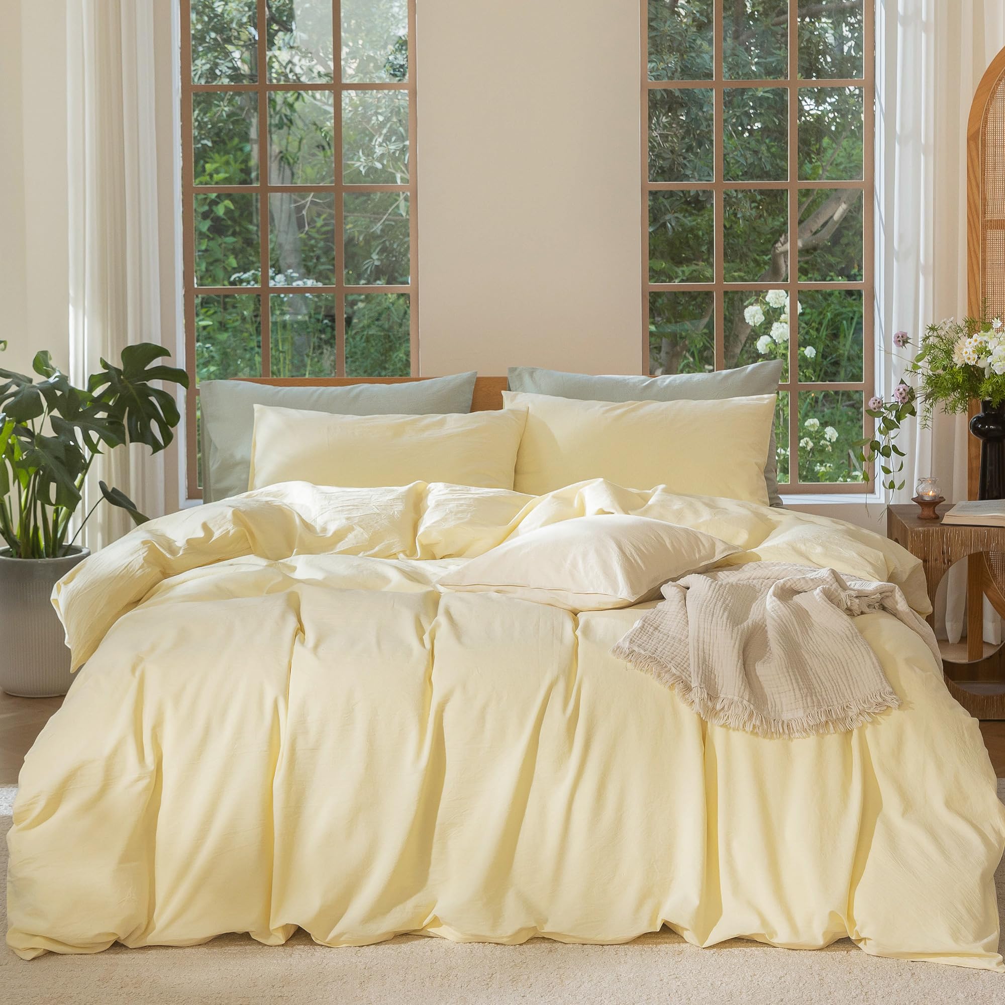 MooMee Bedding Duvet Cover Set 100% Washed Cotton Linen Like Textured Breathable Durable Soft Comfy (Solid Off White, Palatial King/Oversized King 120"x98")
