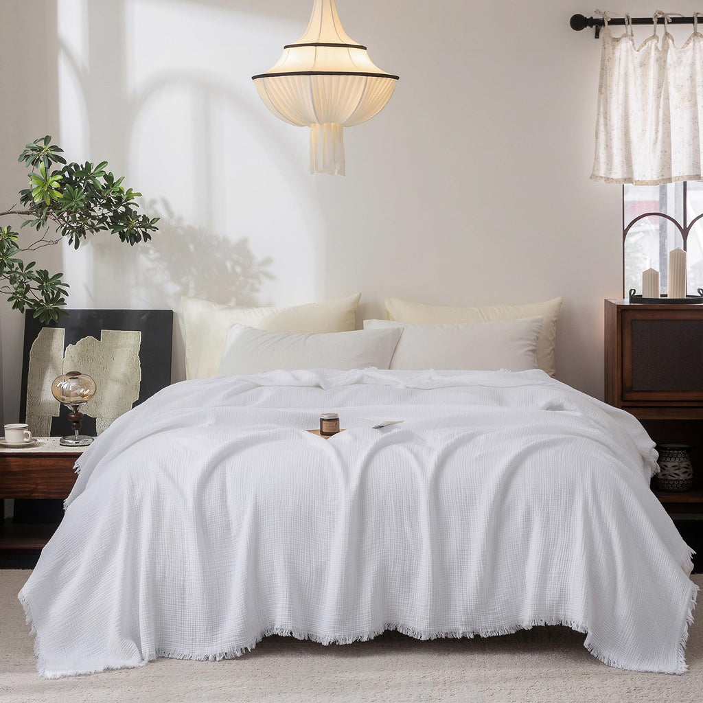 Beige Gray Fringe Cotton Muslin Blanket