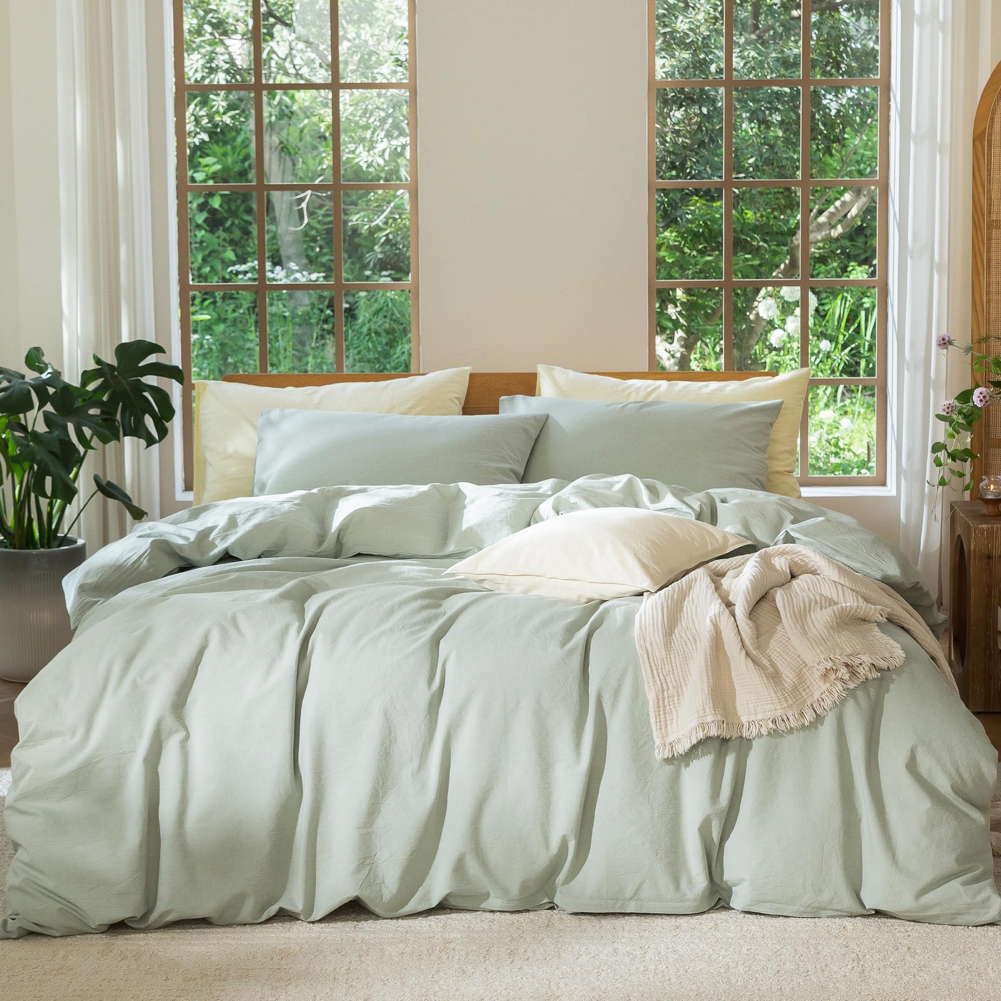 MooMee Bedding Duvet Cover Set 100% Washed Cotton Linen Like Textured Breathable Durable Soft Comfy (Solid Off White, Palatial King/Oversized King 120"x98")