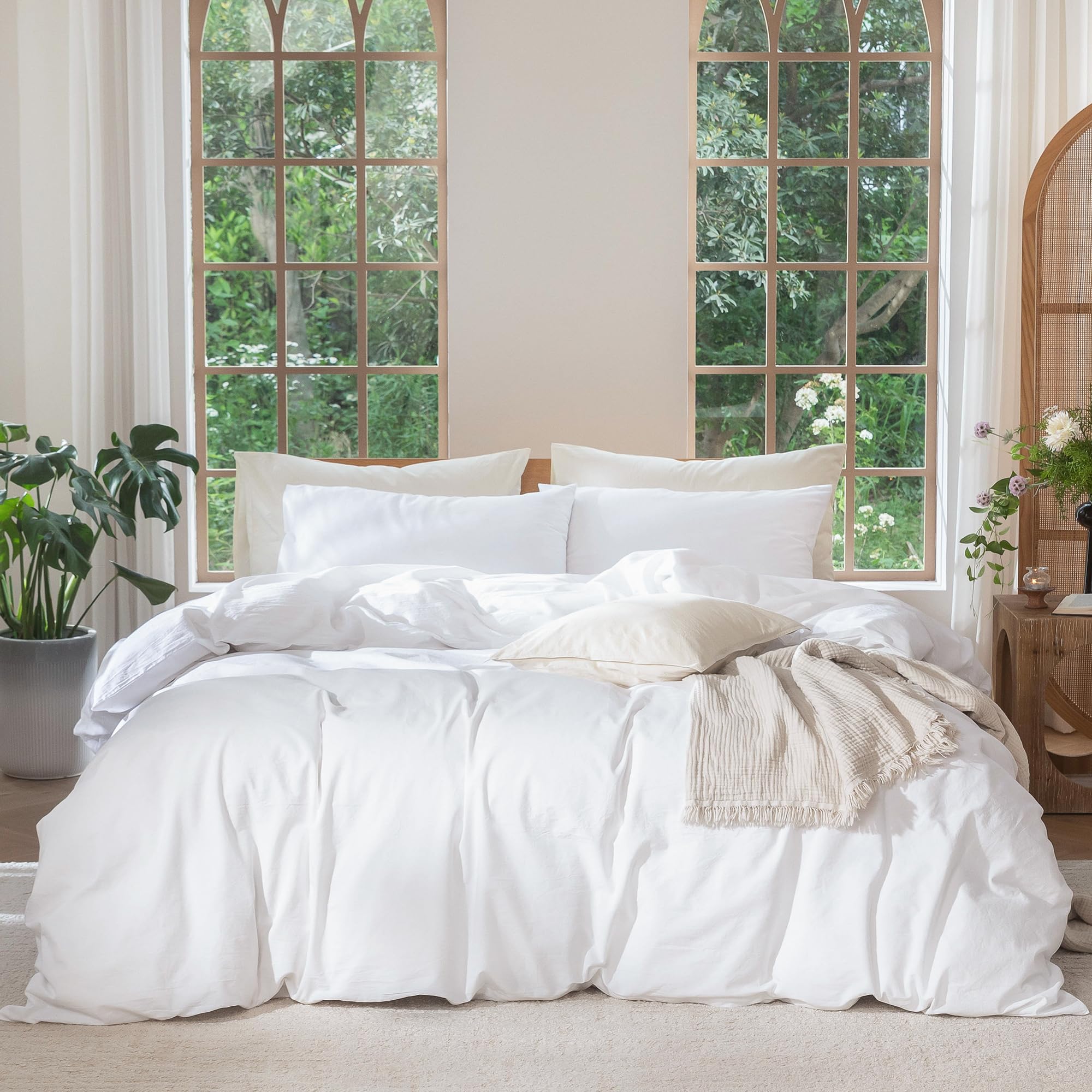 MooMee Bedding Duvet Cover Set 100% Washed Cotton Linen Like Textured Breathable Durable Soft Comfy (Solid Off White, Palatial King/Oversized King 120"x98")
