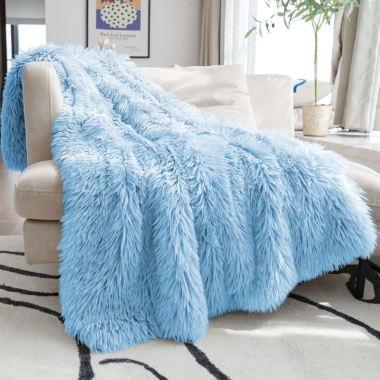 JONIYEAR Extra Large Decorative Fluffy Faux Fur Blanket Queen Size 80" x 90", Soft Luxury Lightweight Furry Blankets, Solid Cozy Shaggy Plush Thick Warm Fuzzy Blankets for Winter Bed Couch, White