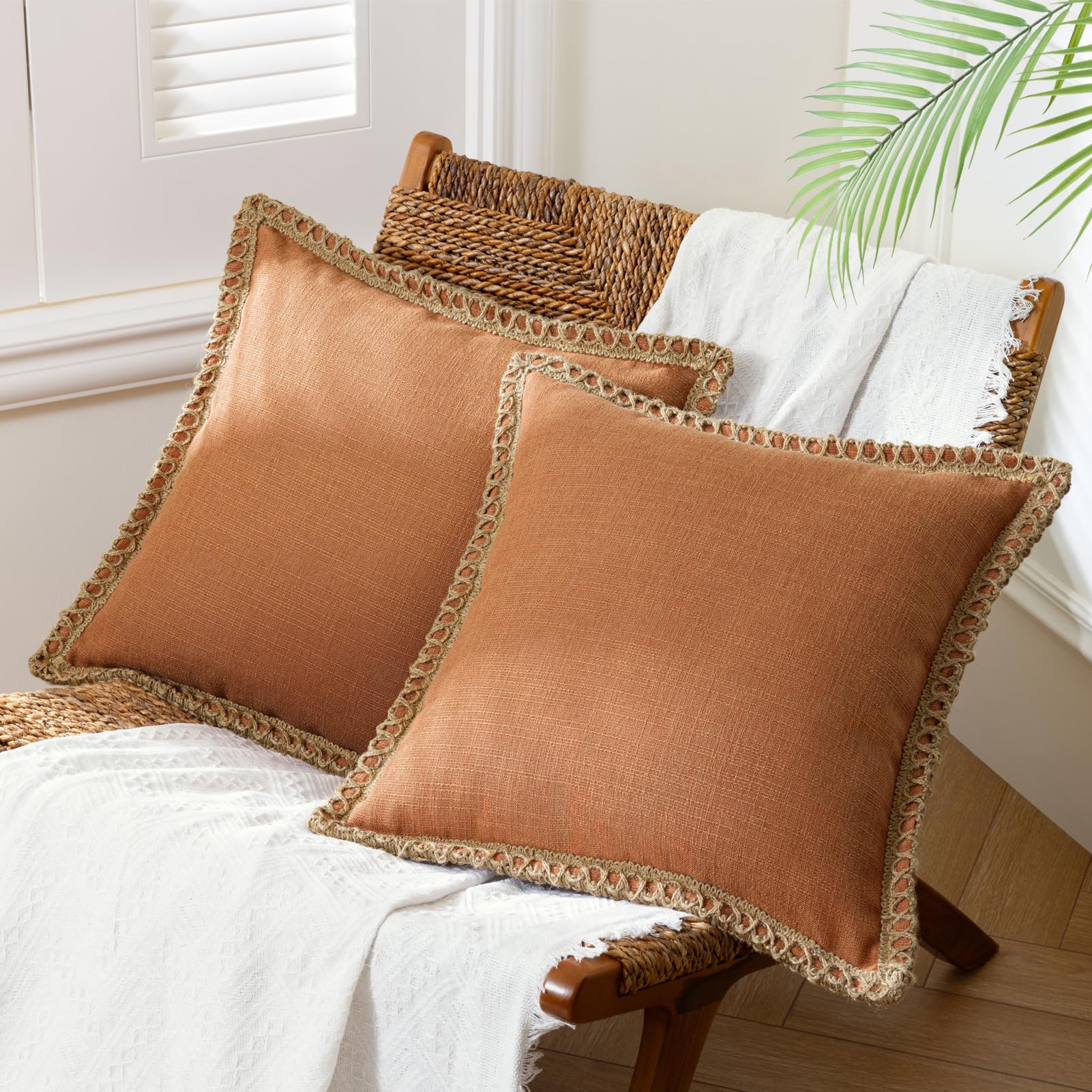 Phantoscope Pack of 2 Farmhouse Decorative Solid Pillow Cover Burlap Linen Trimmed Tailored Edges, Black, 24 x 24 inches, 60 x 60 cm
