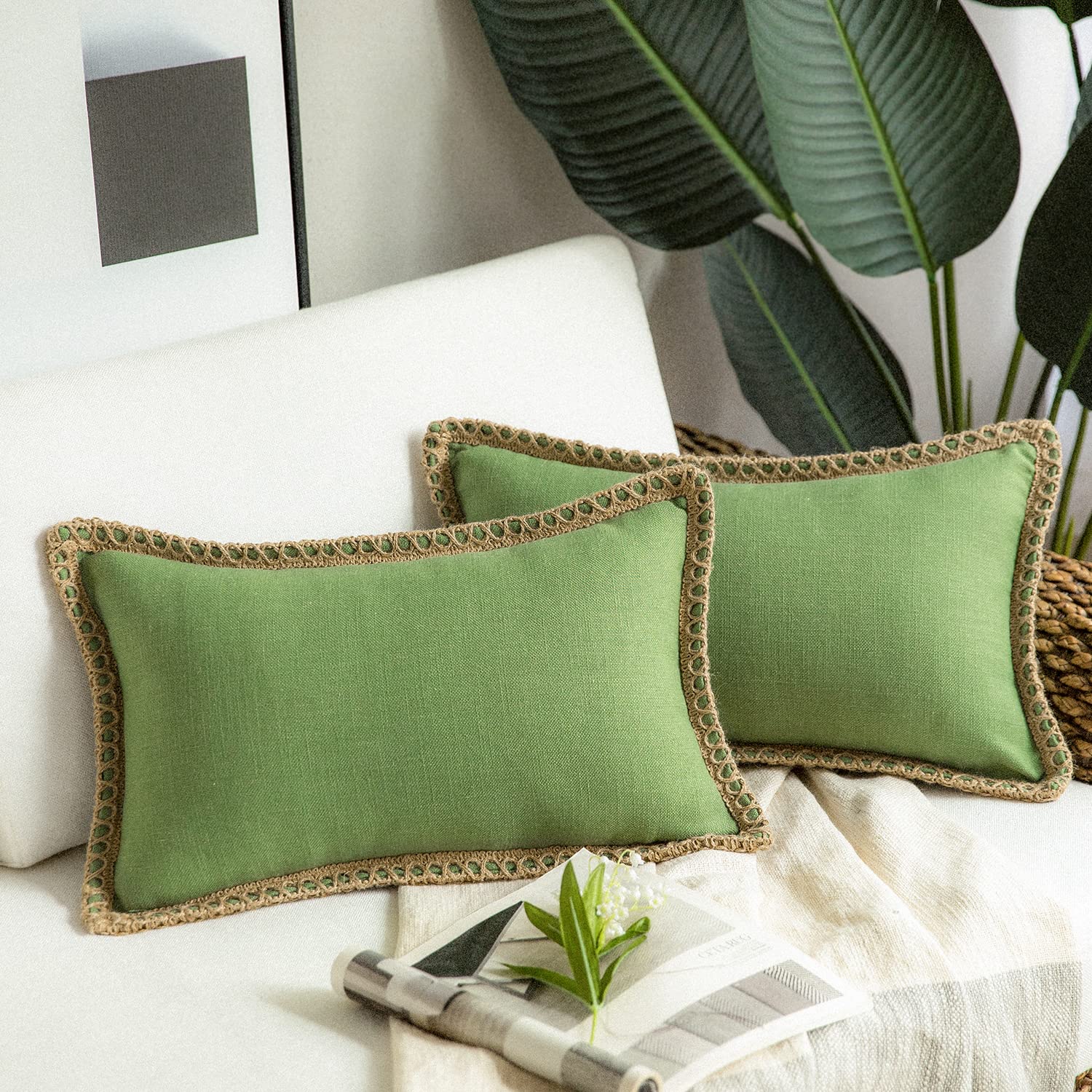 Phantoscope Pack of 2 Farmhouse Decorative Solid Pillow Cover Burlap Linen Trimmed Tailored Edges, Black, 24 x 24 inches, 60 x 60 cm
