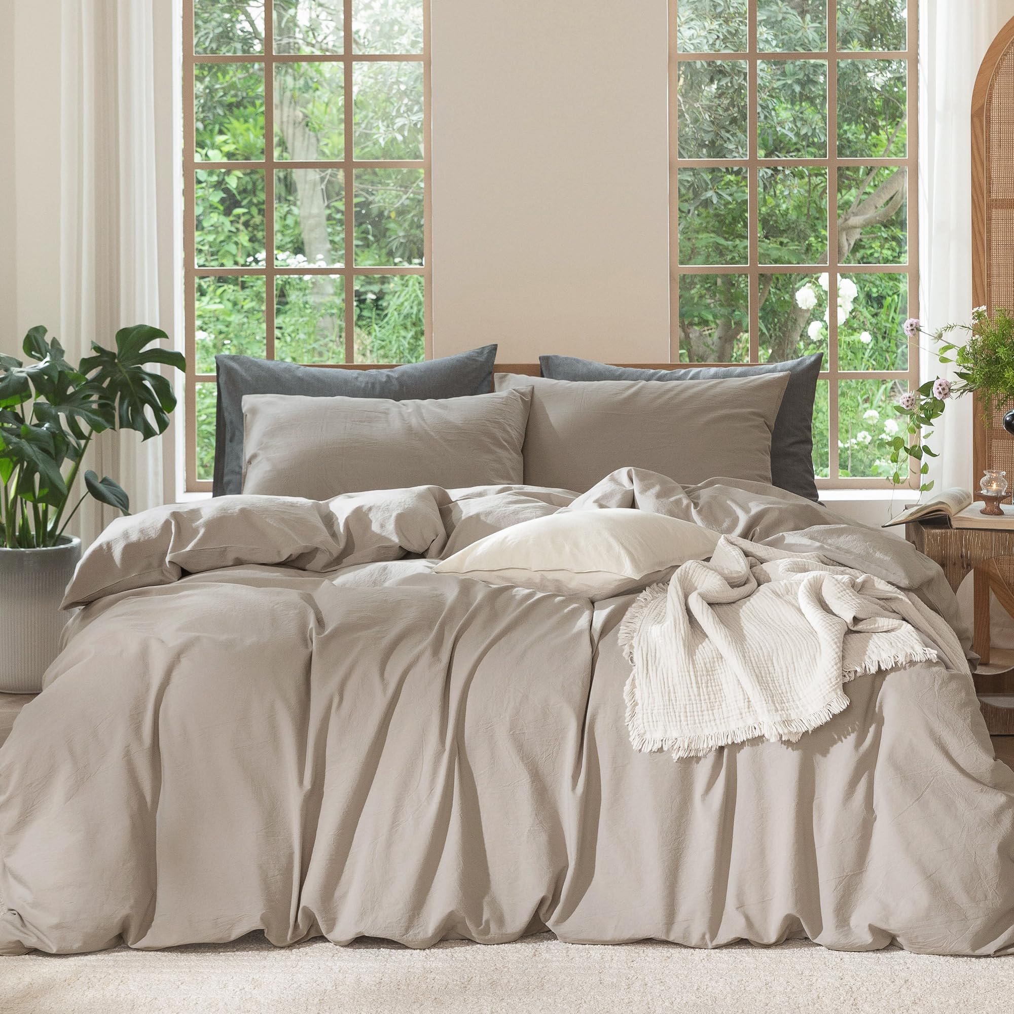 MooMee Bedding Duvet Cover Set 100% Washed Cotton Linen Like Textured Breathable Durable Soft Comfy (Solid Off White, Palatial King/Oversized King 120"x98")