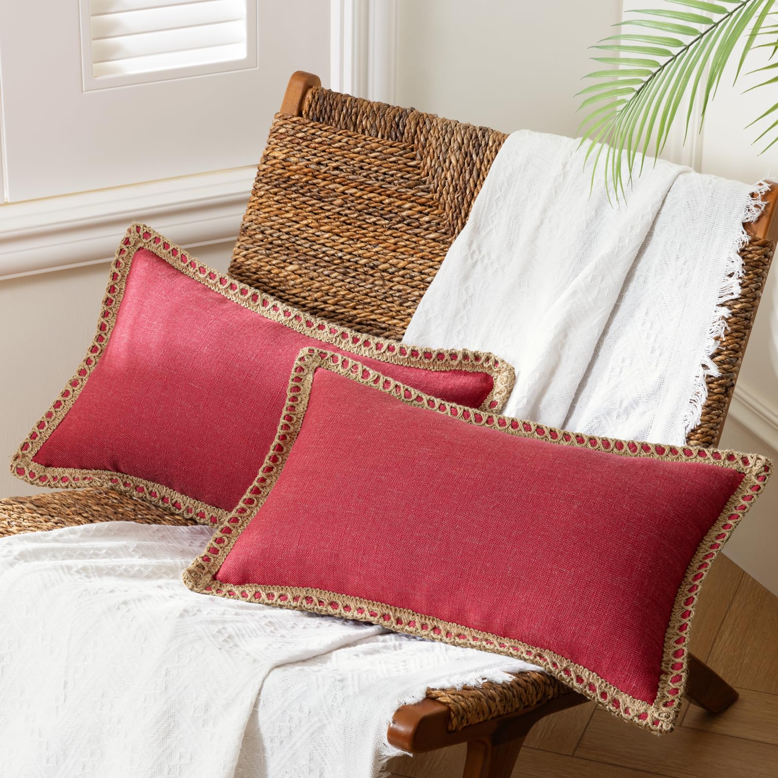 Phantoscope Pack of 2 Farmhouse Decorative Solid Pillow Cover Burlap Linen Trimmed Tailored Edges, Black, 24 x 24 inches, 60 x 60 cm