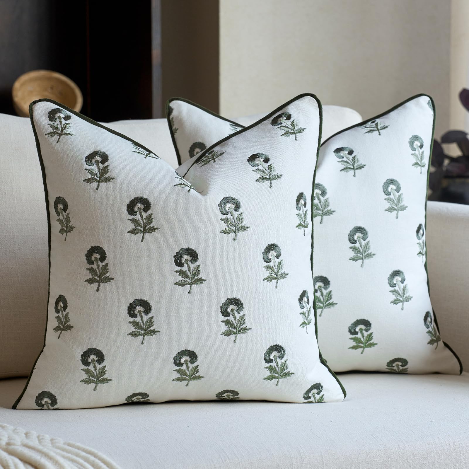 FIOUOVO Embroidered Floral Pillow Covers 24x 24 Set of 2 Cotton Farmhouse Throw Pillow Covers with Piping Edge Decorative Cushion Covers for Sofa Couch Bedroom Living Room, Olive Green