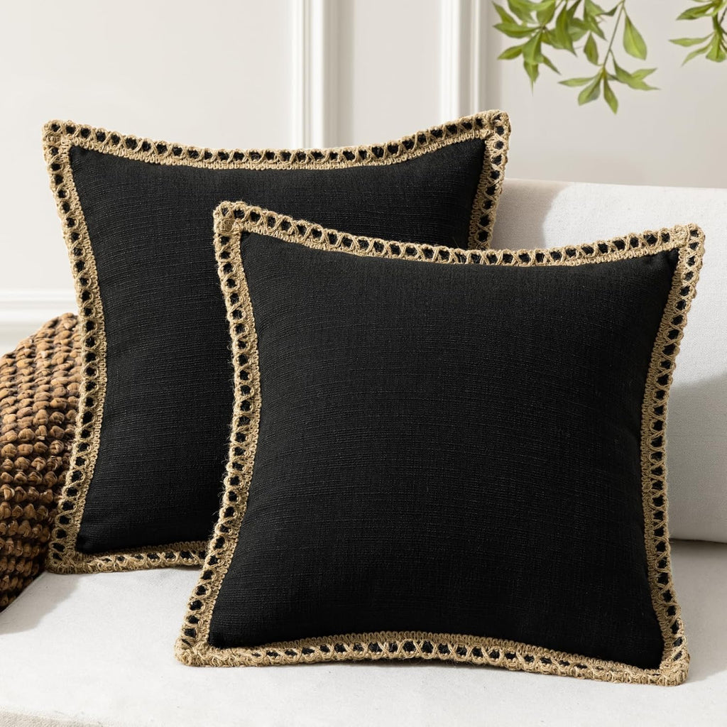 Phantoscope Pack of 2 Farmhouse Decorative Solid Pillow Cover Burlap Linen Trimmed Tailored Edges, Black, 24 x 24 inches, 60 x 60 cm