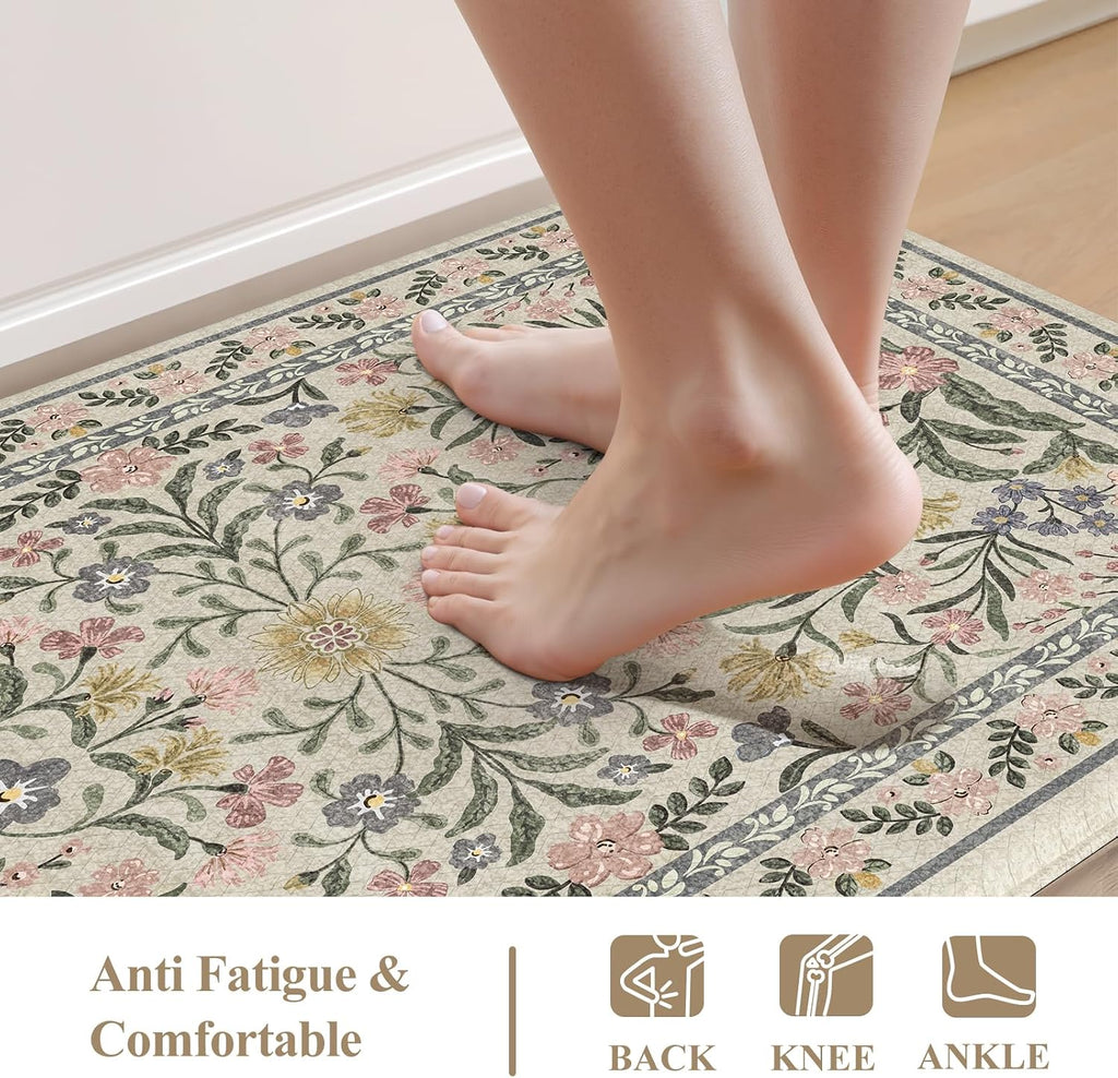 Beige Floral 2-Piece Anti Fatigue Kitchen Mat Set