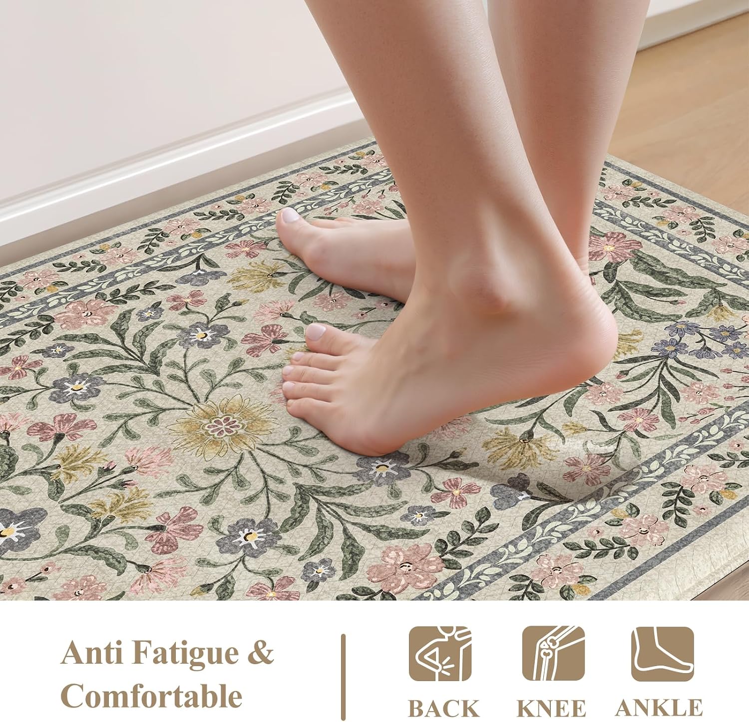 Beige Floral 2-Piece Anti Fatigue Kitchen Mat Set