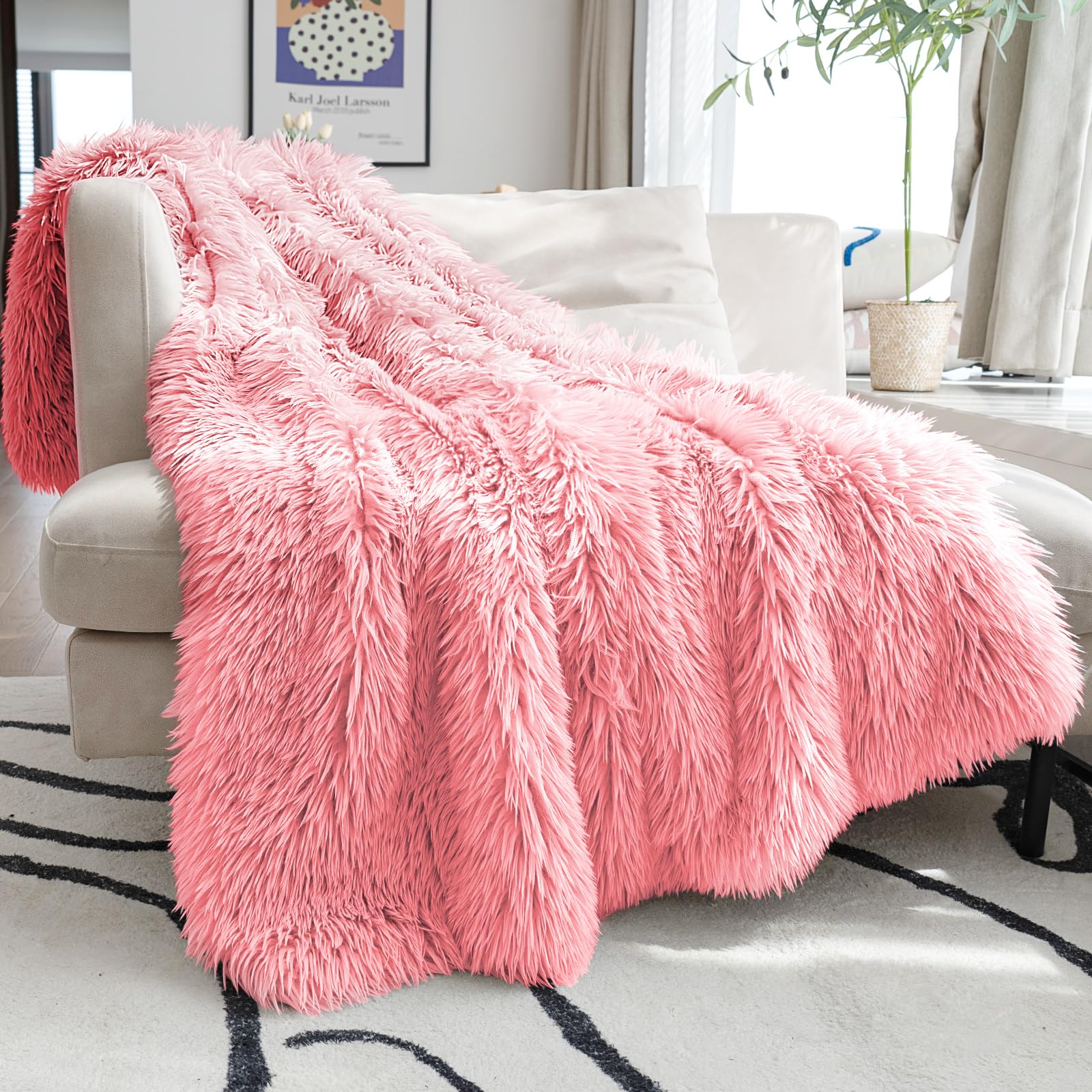 JONIYEAR Extra Large Decorative Fluffy Faux Fur Blanket Queen Size 80" x 90", Soft Luxury Lightweight Furry Blankets, Solid Cozy Shaggy Plush Thick Warm Fuzzy Blankets for Winter Bed Couch, White