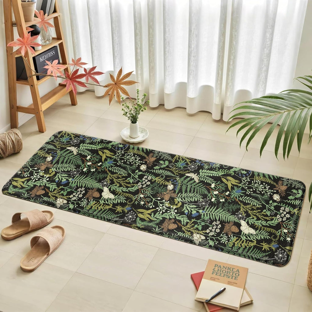 Black Green Botanical 2-Piece Anti Fatigue Kitchen Rug Set
