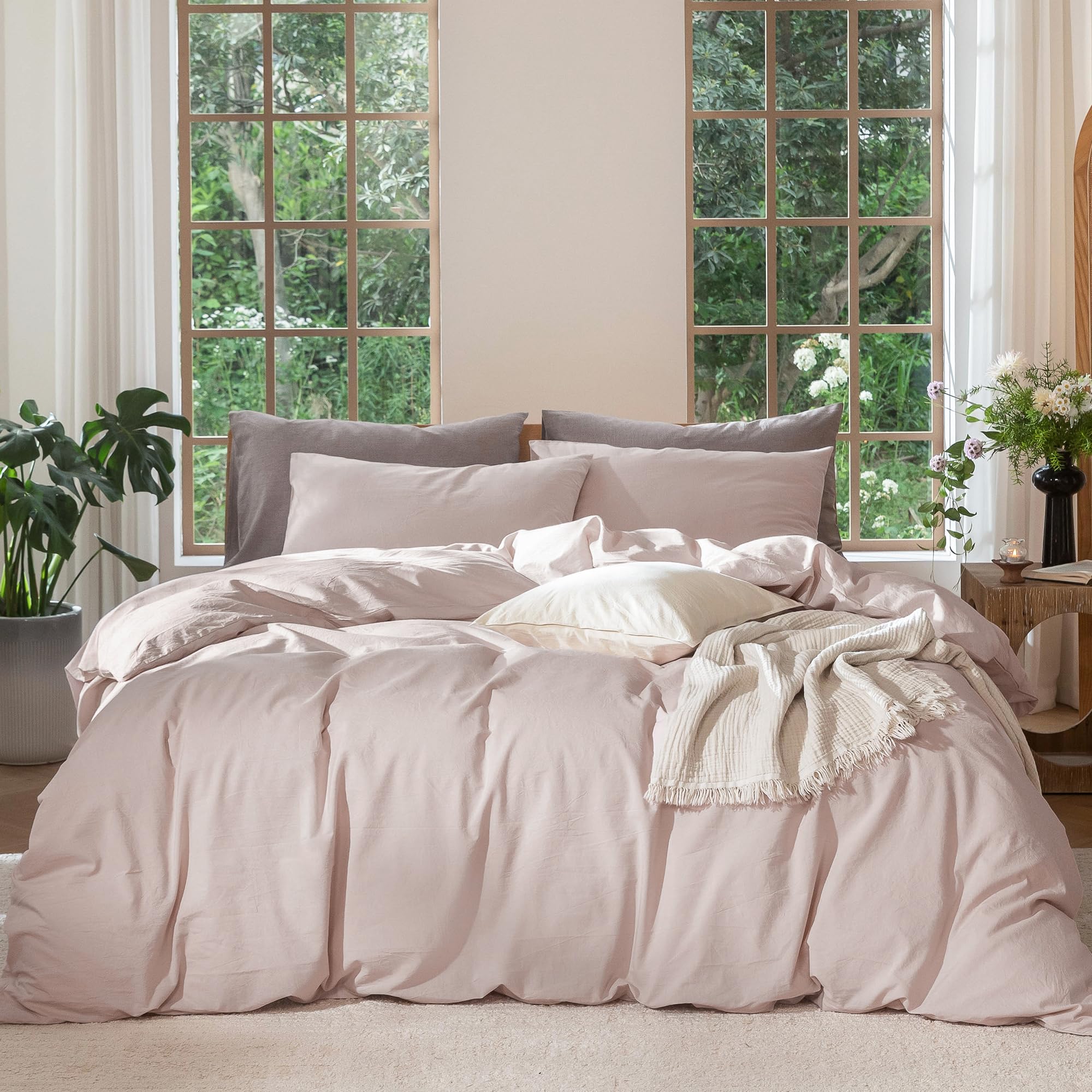 MooMee Bedding Duvet Cover Set 100% Washed Cotton Linen Like Textured Breathable Durable Soft Comfy (Solid Off White, Palatial King/Oversized King 120"x98")