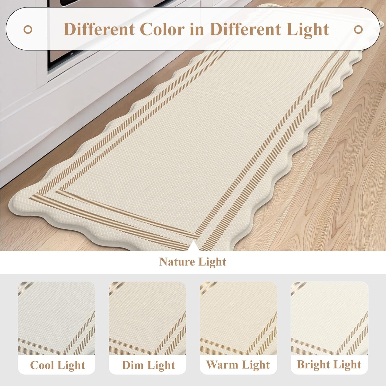 Beige Scalloped Boho 2-Piece Anti Fatigue Kitchen Mat Set