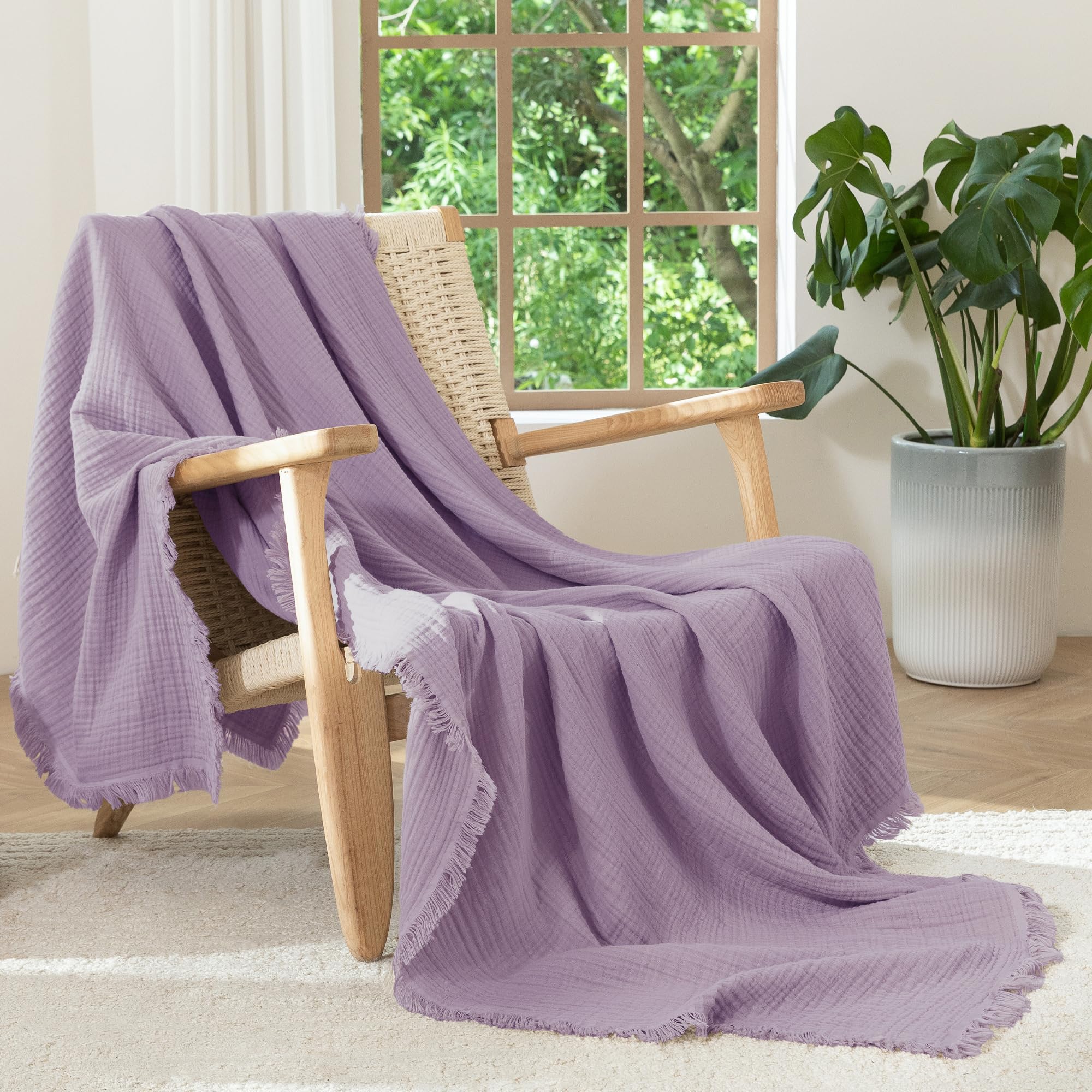 MooMee Muslin Blanket - 100% Cotton 4-Layer Gauze Throw Blanket with All-Around Fringe, Soft Breathable Lightweight Cooling Summer Blankets for Bed Couch (Cream Grey,Super King 108" x 98")