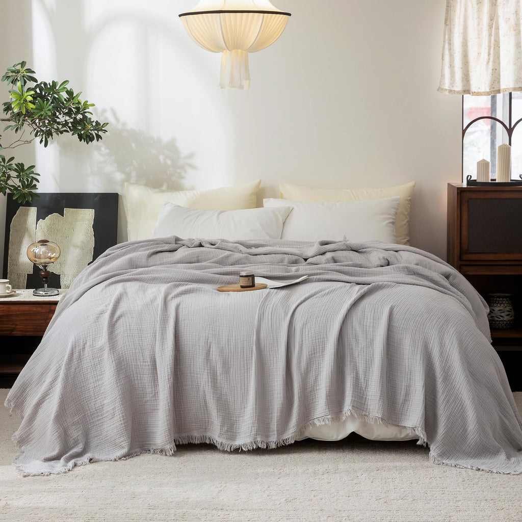 Beige Gray Fringe Cotton Muslin Blanket