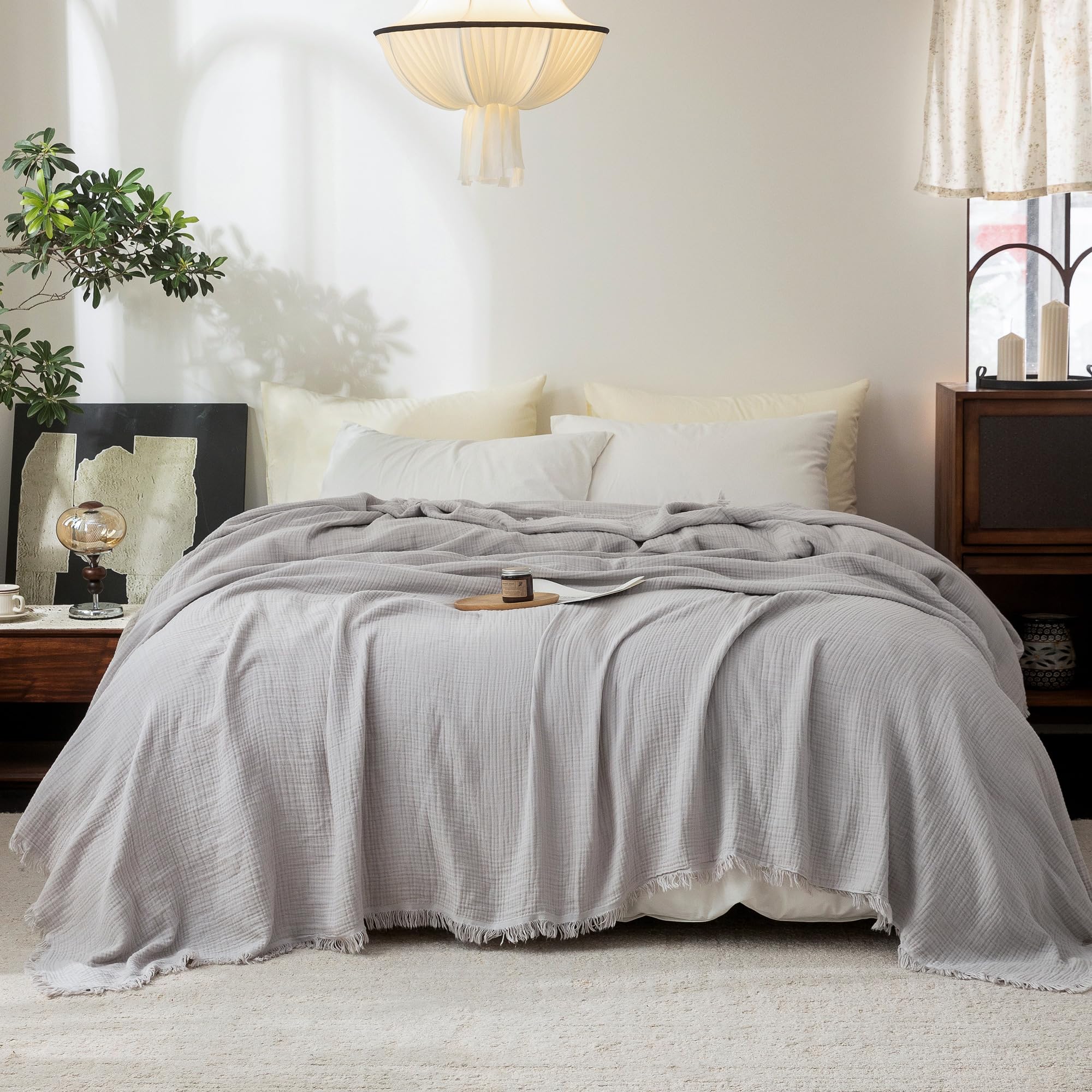 Beige Gray Fringe Cotton Muslin Blanket
