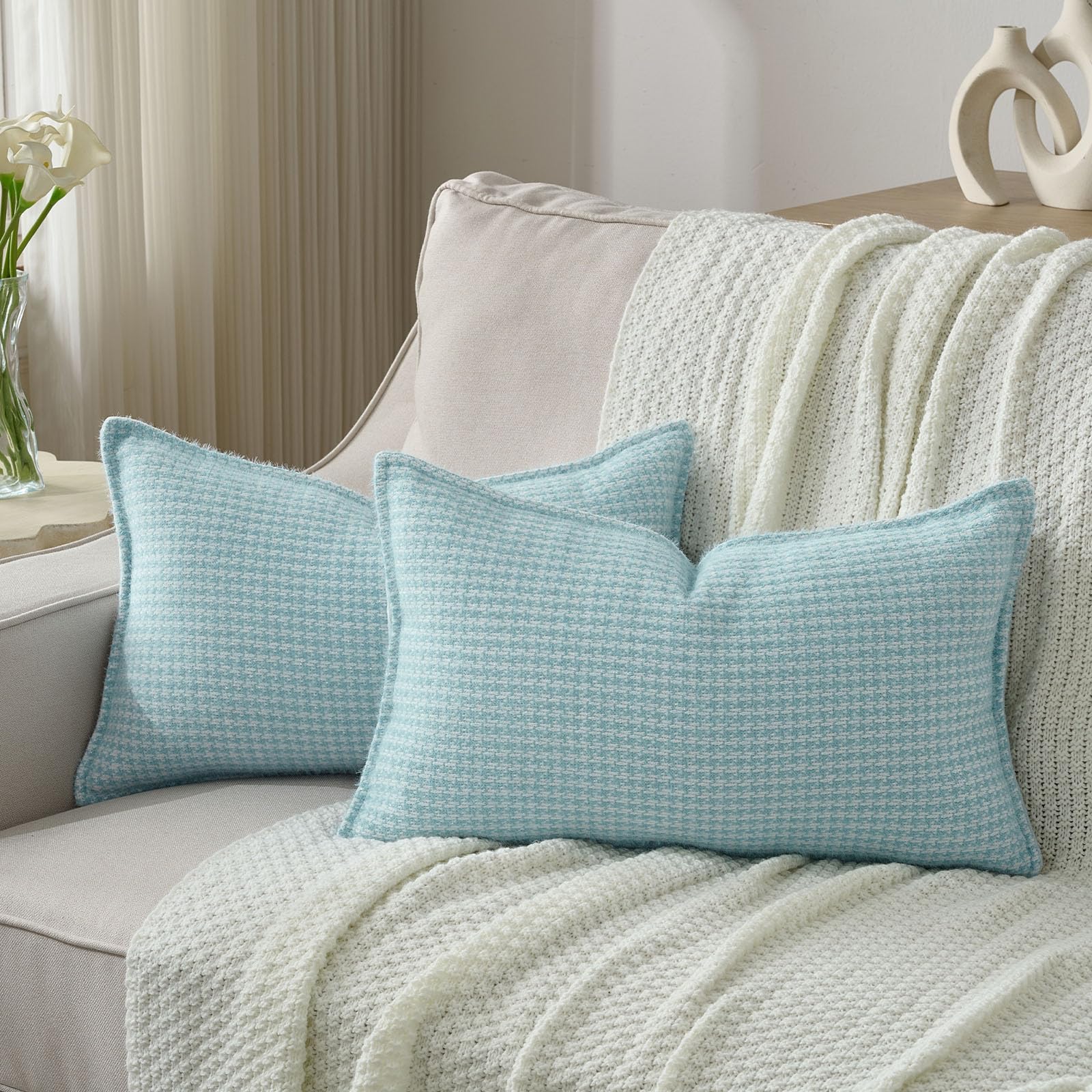 FUTEI Pack of 2 Houndstooth Throw Pillow Covers 26x26 Inch Soft Chenille Gingham Textured Farmhouse Decorative Euro Pillow Shams Modern Home Decor for Couch Bedroom Living Room, Grayish Blue