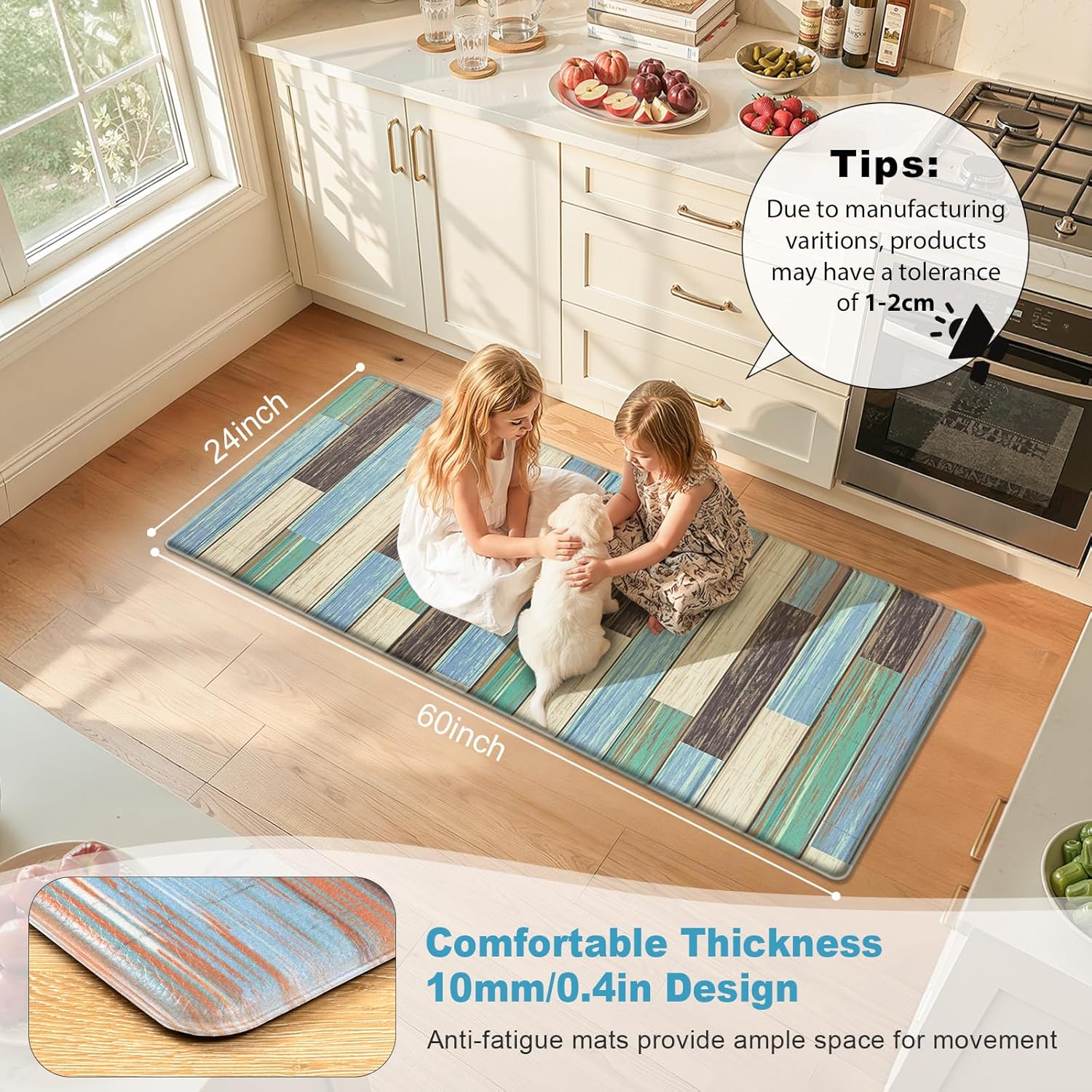 Teal Geometric Memory Foam Anti Fatigue Kitchen Runner Rug