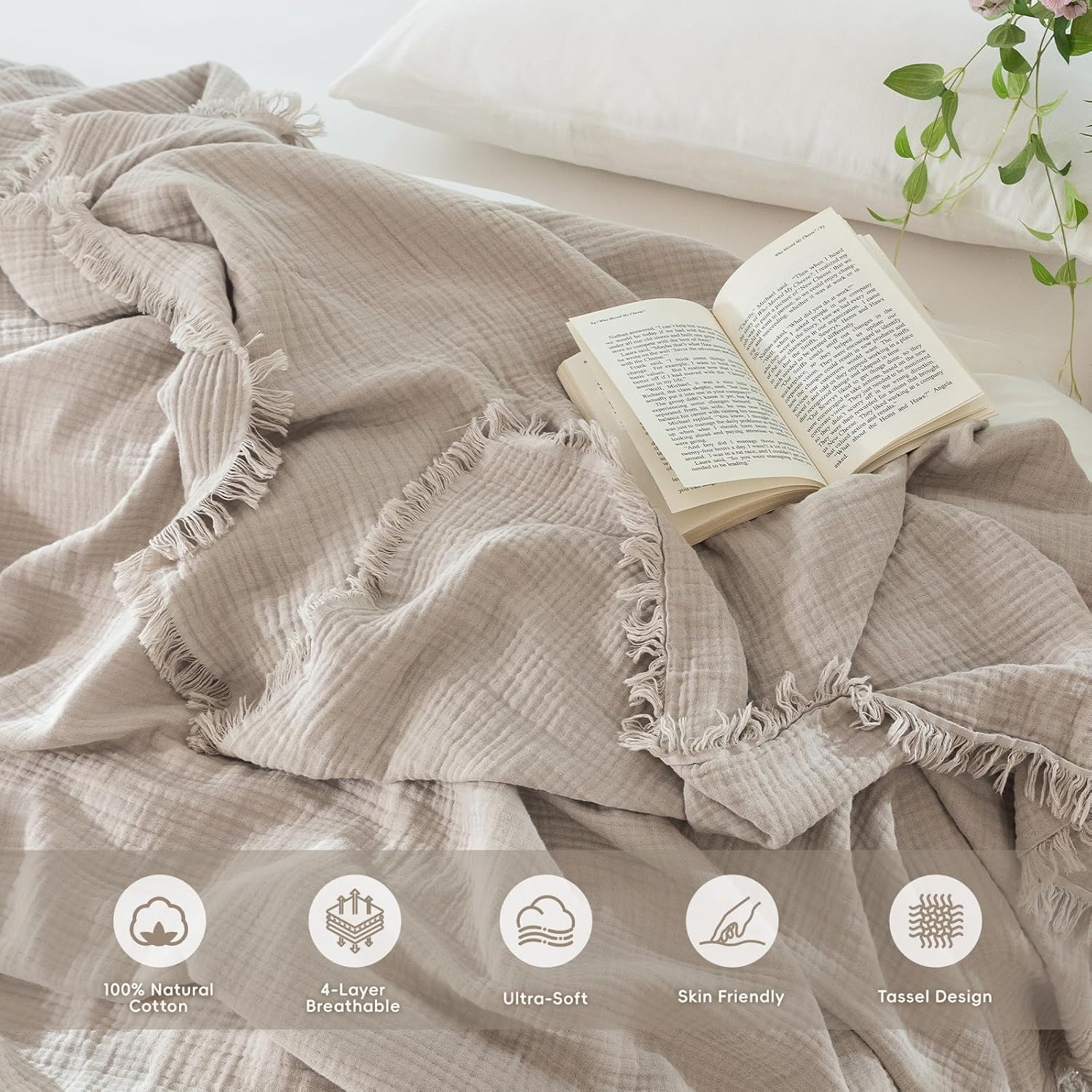 MooMee Muslin Blanket - 100% Cotton 4-Layer Gauze Throw Blanket with All-Around Fringe, Soft Breathable Lightweight Cooling Summer Blankets for Bed Couch (Cream Grey,Super King 108" x 98")