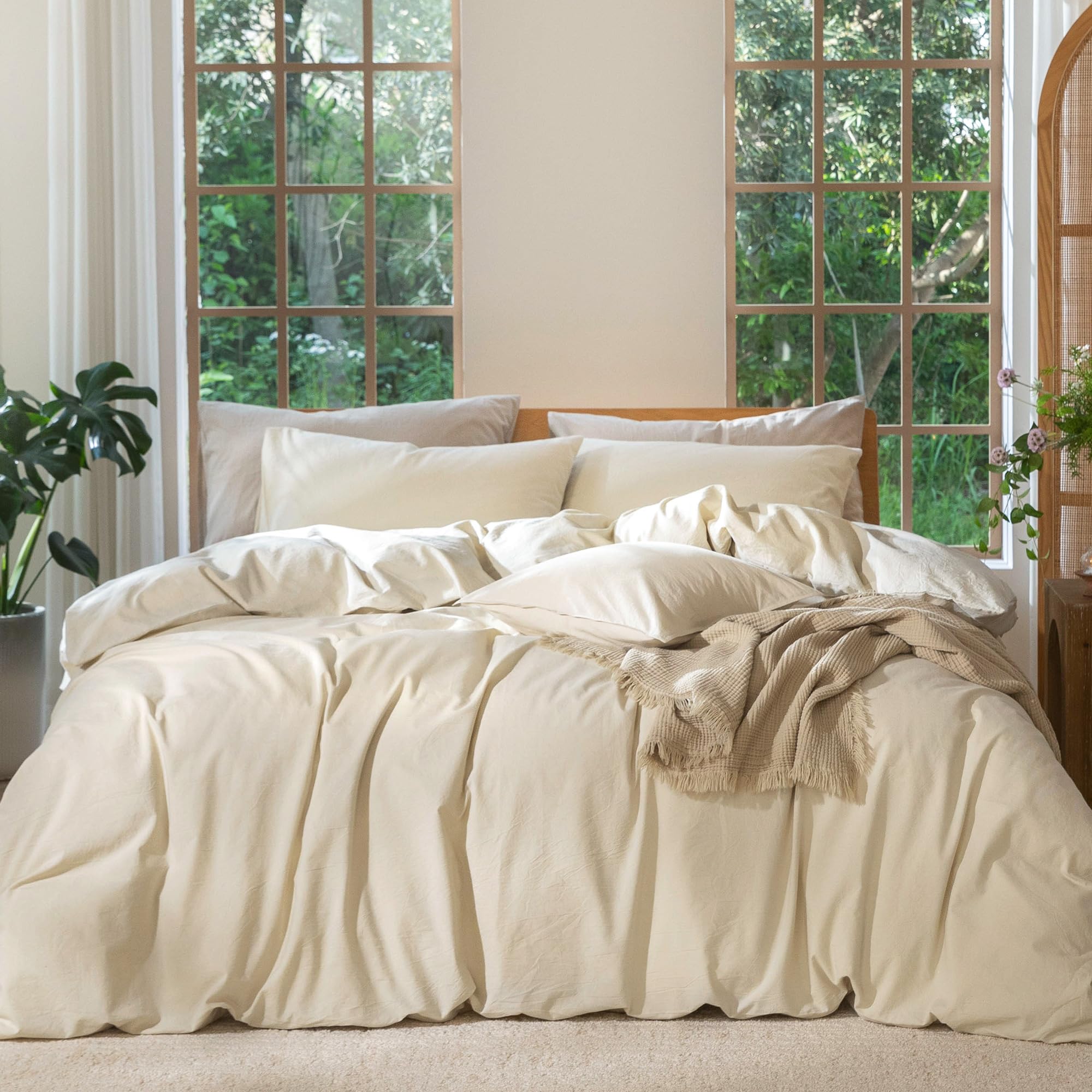 MooMee Bedding Duvet Cover Set 100% Washed Cotton Linen Like Textured Breathable Durable Soft Comfy (Solid Off White, Palatial King/Oversized King 120"x98")