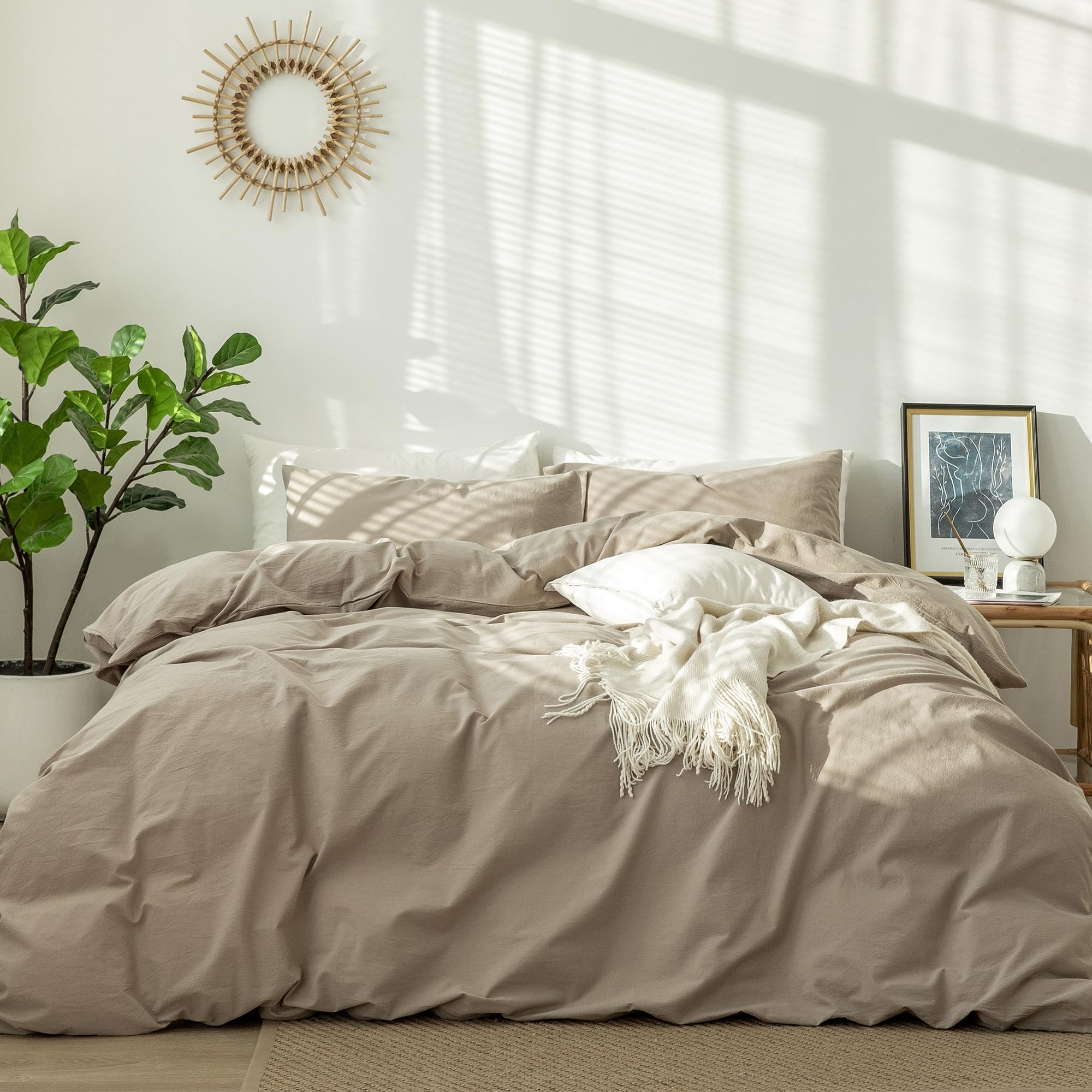 MooMee Bedding Duvet Cover Set 100% Washed Cotton Linen Like Textured Breathable Durable Soft Comfy (Solid Off White, Palatial King/Oversized King 120"x98")