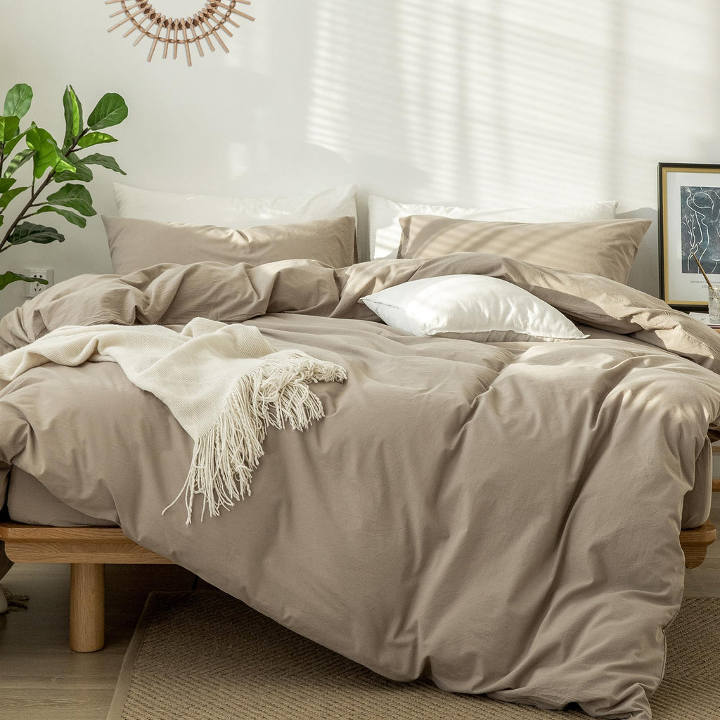 MooMee Bedding Duvet Cover Set 100% Washed Cotton Linen Like Textured Breathable Durable Soft Comfy (Solid Off White, Palatial King/Oversized King 120"x98")