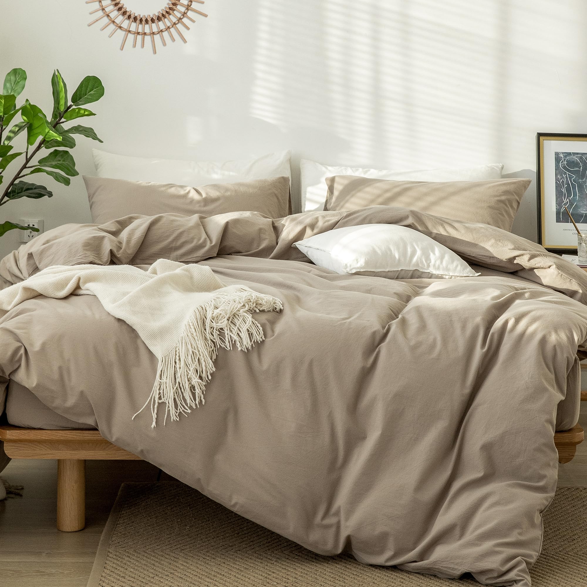 MooMee Bedding Duvet Cover Set 100% Washed Cotton Linen Like Textured Breathable Durable Soft Comfy (Solid Off White, Palatial King/Oversized King 120"x98")