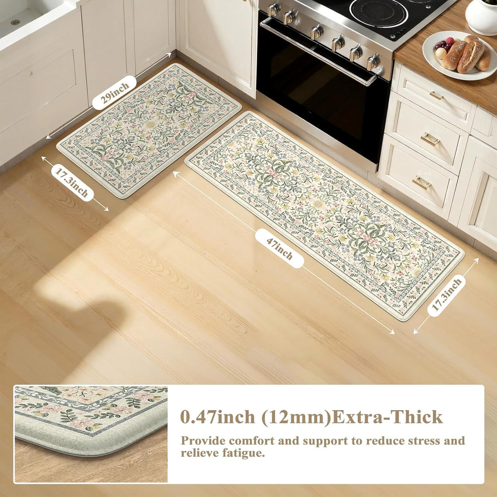 Beige Floral 2-Piece Anti Fatigue Kitchen Mat Set