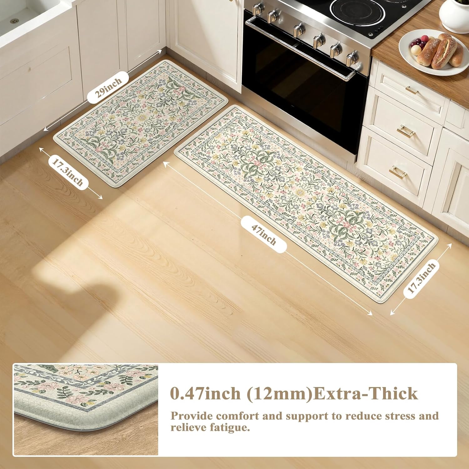 Beige Floral 2-Piece Anti Fatigue Kitchen Mat Set