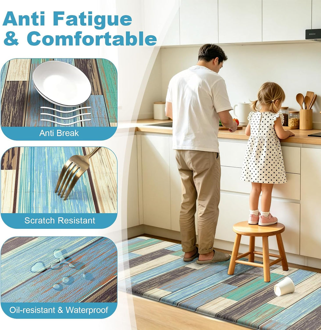 Teal Geometric Memory Foam Anti Fatigue Kitchen Runner Rug