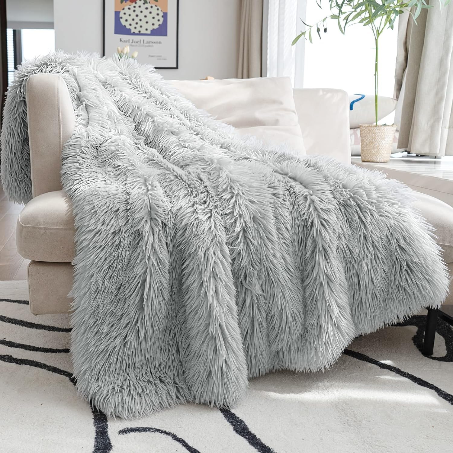 JONIYEAR Extra Large Decorative Fluffy Faux Fur Blanket Queen Size 80" x 90", Soft Luxury Lightweight Furry Blankets, Solid Cozy Shaggy Plush Thick Warm Fuzzy Blankets for Winter Bed Couch, White