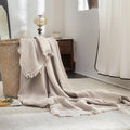 Beige Gray Fringe Cotton Muslin Blanket