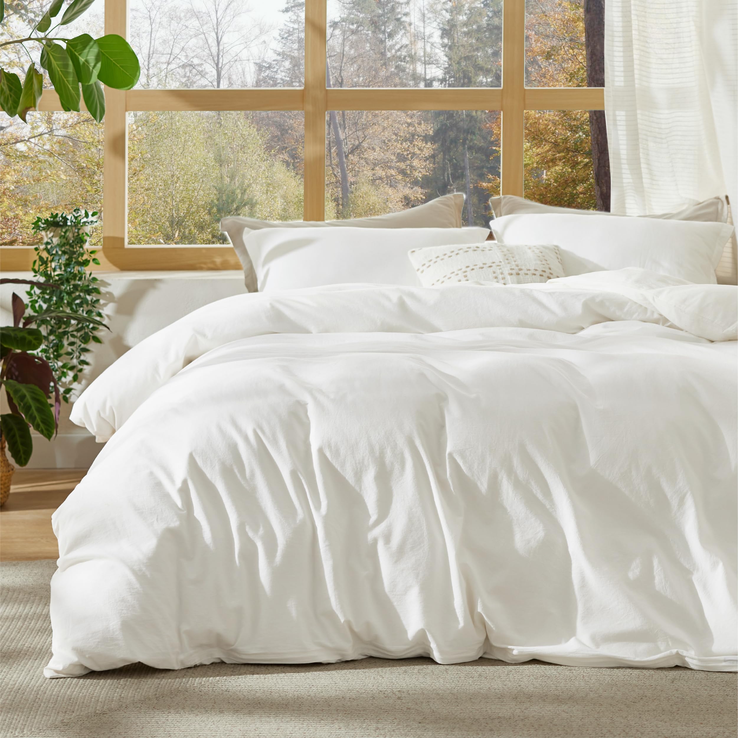 Bedsure 100% Washed Cotton Duvet Cover Oversized King - Natural Minimalist Bedding Set Linen Like - PureWoven Plain Simple & Soft Comforter Cover for All Seasons (Natural, Oversized King, 120"x98")