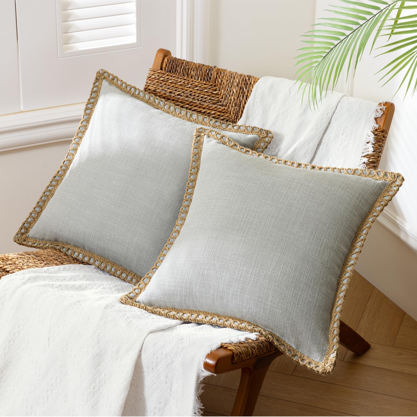 Phantoscope Pack of 2 Farmhouse Decorative Solid Pillow Cover Burlap Linen Trimmed Tailored Edges, Black, 24 x 24 inches, 60 x 60 cm