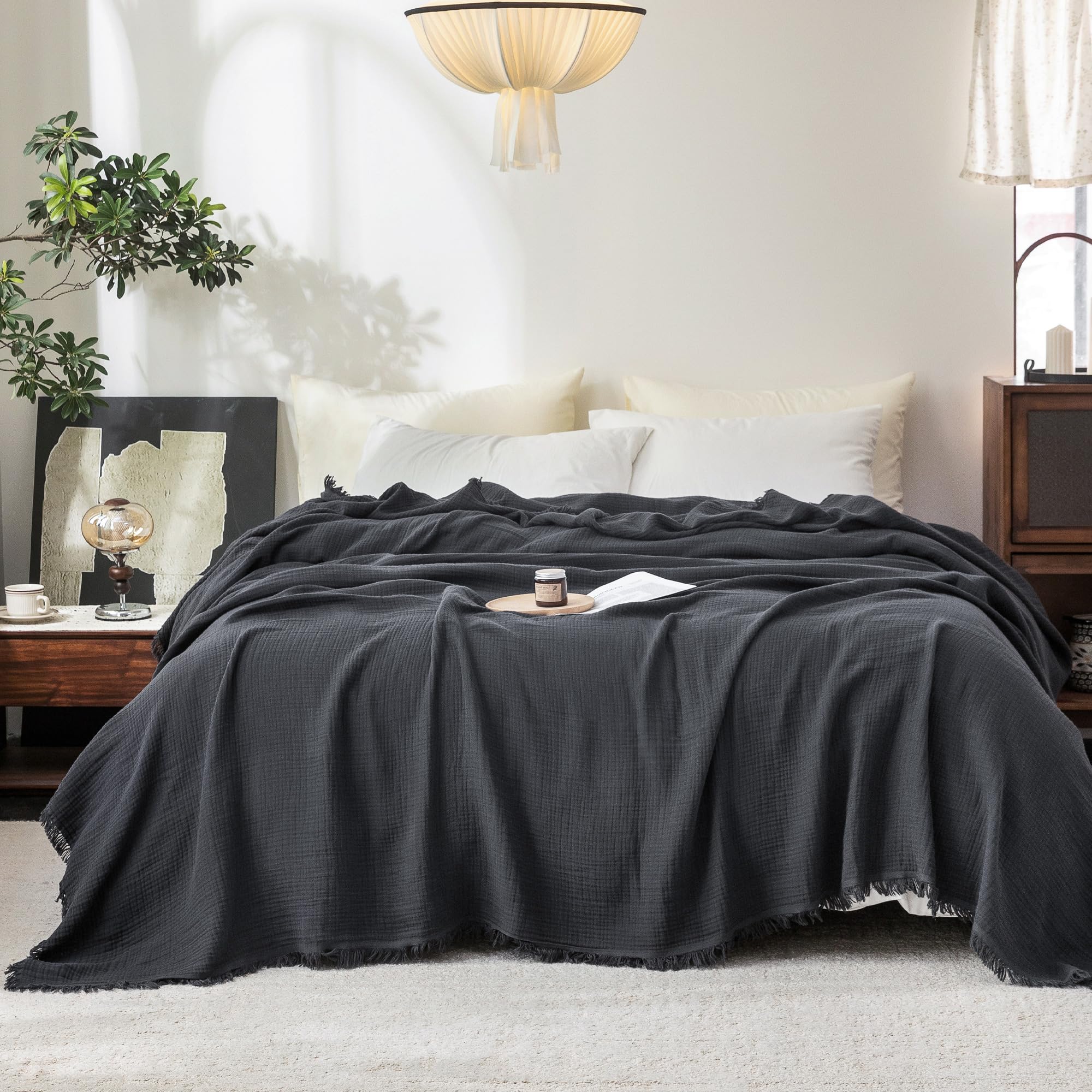 Beige Gray Fringe Cotton Muslin Blanket