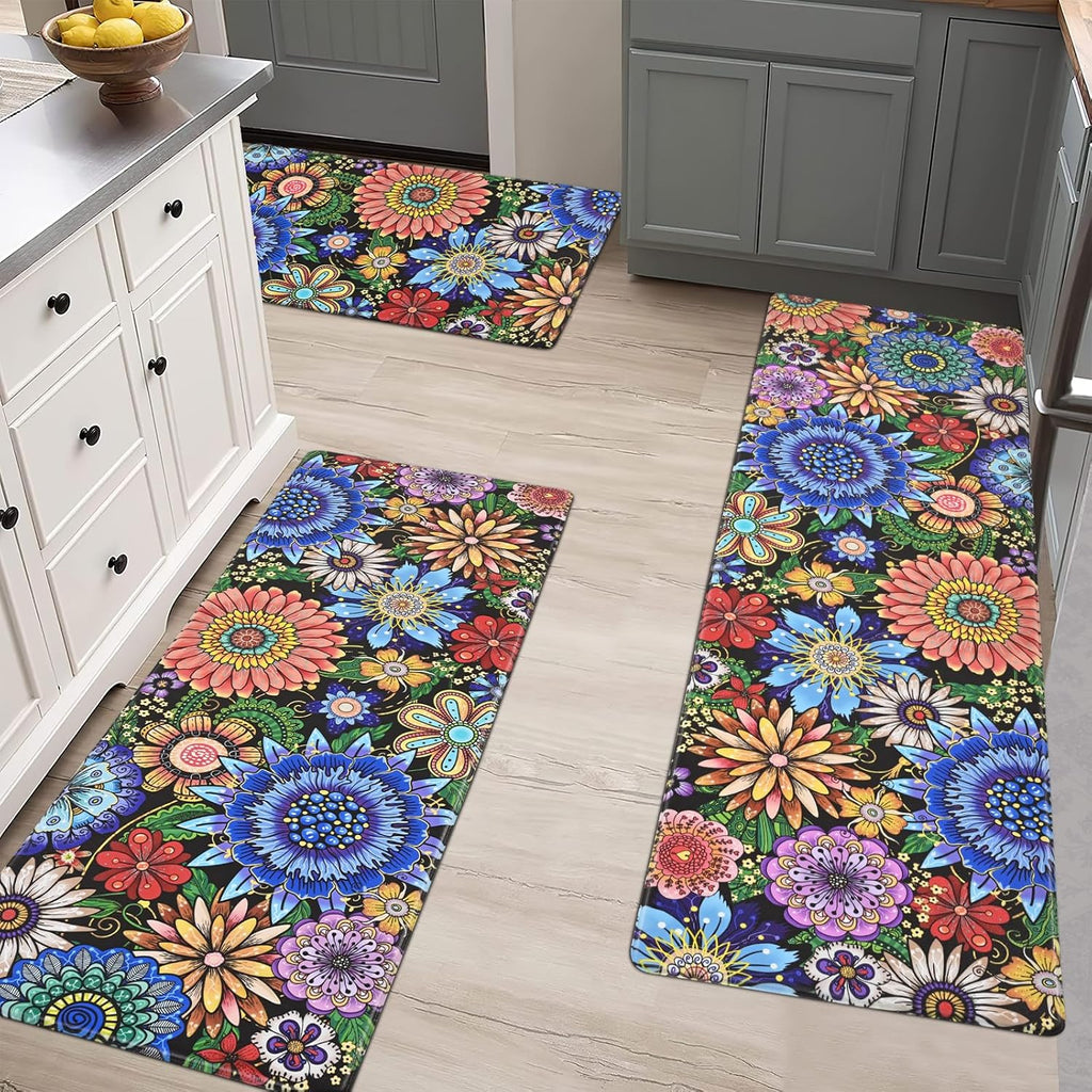 Boho Floral 3-Piece Anti Fatigue Kitchen Rug Set